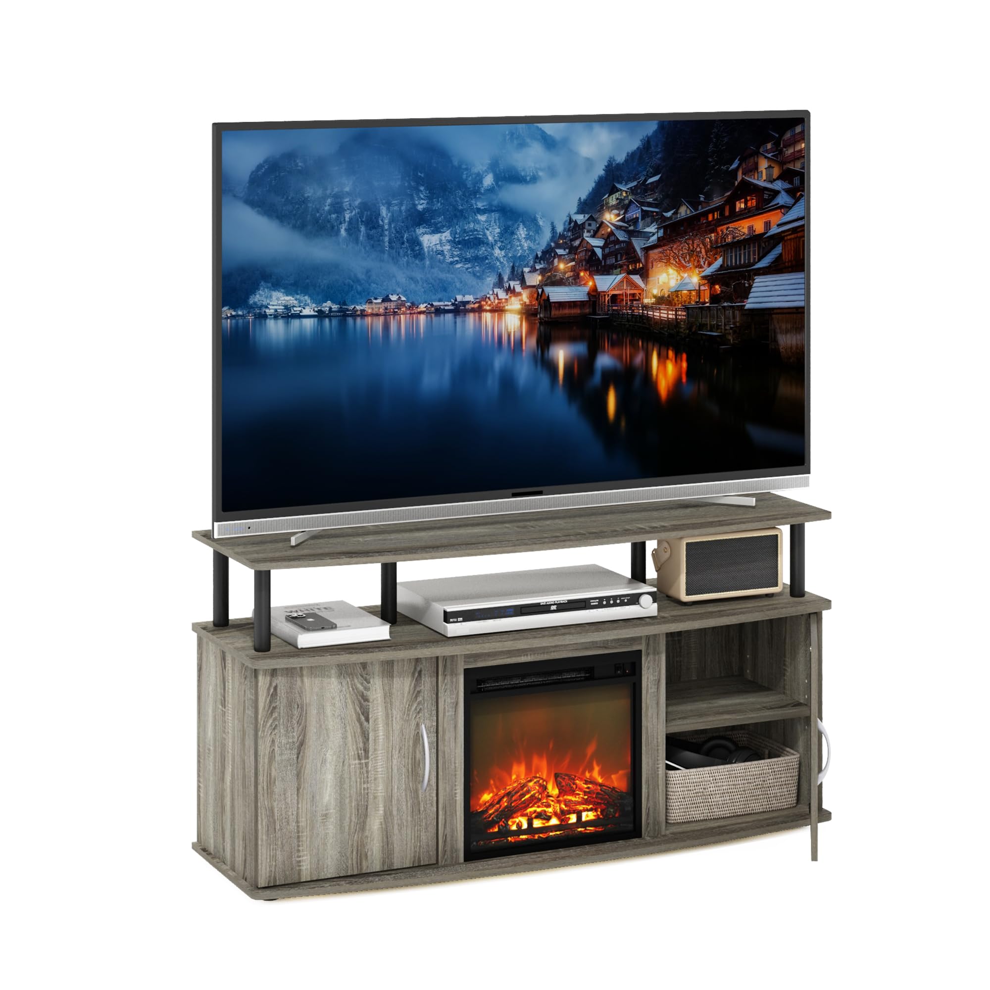 Furinno Jensen 55 Inch TV Stand with Fireplace Design, Storage Cabinet & Doors - French Oak Grey/Black - Perfect for Living Room Entertainment Centers & Home Theater Setups