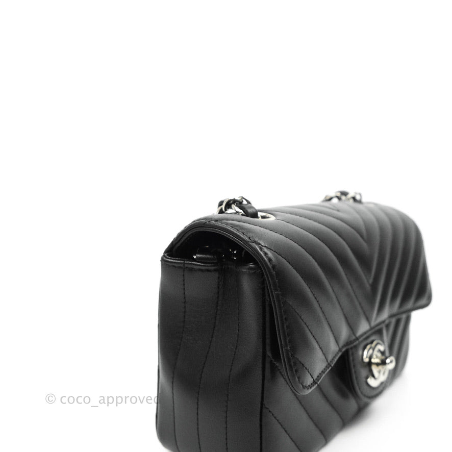 Chanel Chevron Mini Rectangular Flap Bag in Black Lambskin Leather with Silver Hardware - Perfect for Evening Events & Luxury Fashion Accessories