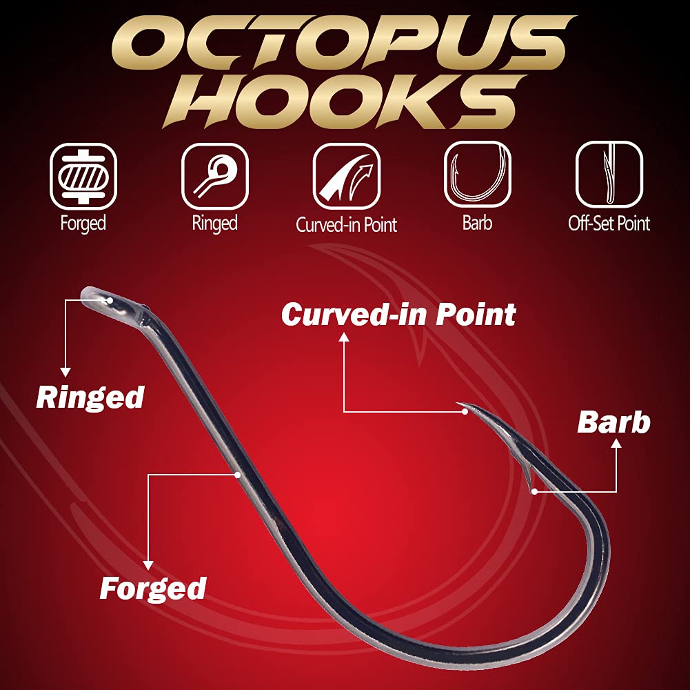 Octopus Circle Fishing Hooks - 100/50 Pack for Freshwater & Saltwater - Red & Black Beak Hooks for Bass, Catfish, Trout - Ideal for Pier, Boat & Shore Fishing