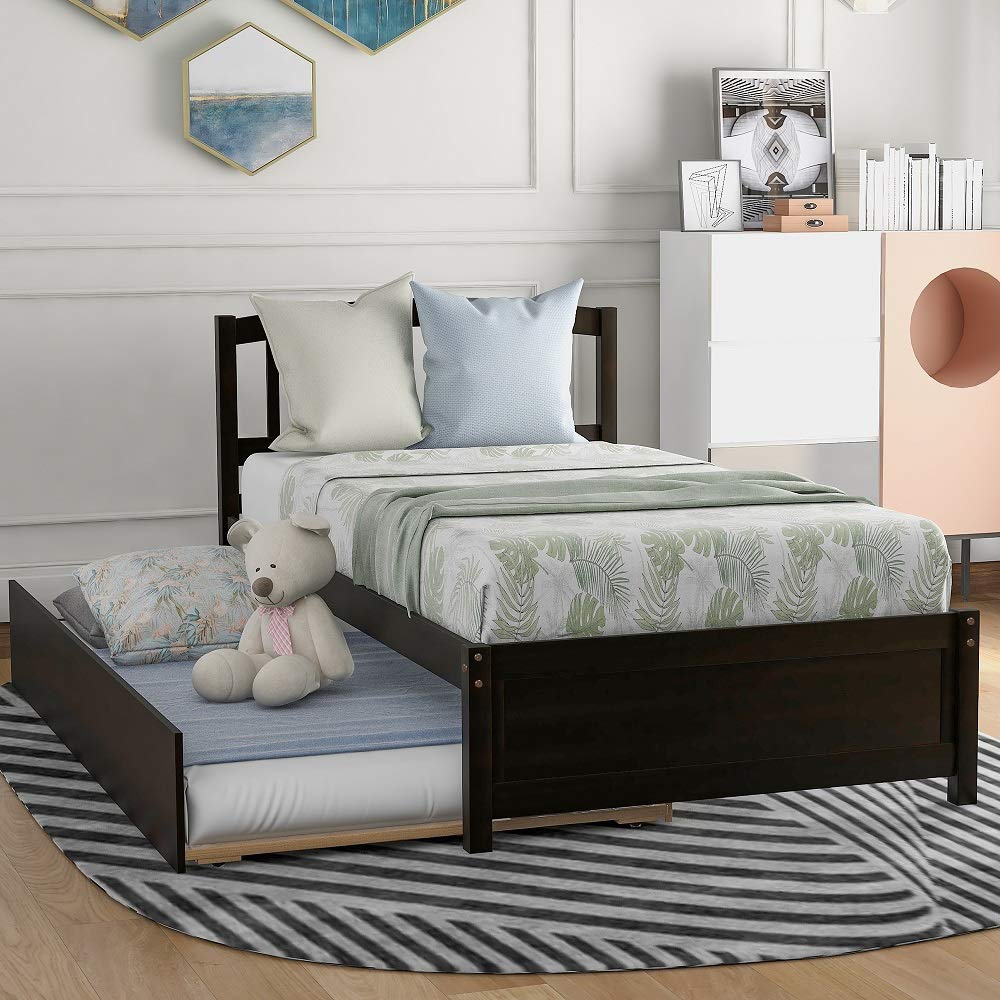 Rhomtree Twin Size Platform Bed with Trundle - Wooden Daybed Frame with Headboard for Kids, Teens & Adults - Space-Saving Guest Bed - Perfect for Small Bedrooms, Dorms & Apartments (Espresso Finish)