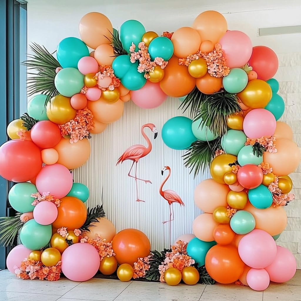 Pastel Balloons Garland Kit - Coral Pink, Teal Blue, Light Green, Orange & Gold Metallic Latex Balloons for Tropical Hawaii Luau, Birthday, Baby Shower, Wedding Party Decorations | Double Stuffed Arch Backdrop for Indoor & Outdoor Celebrations