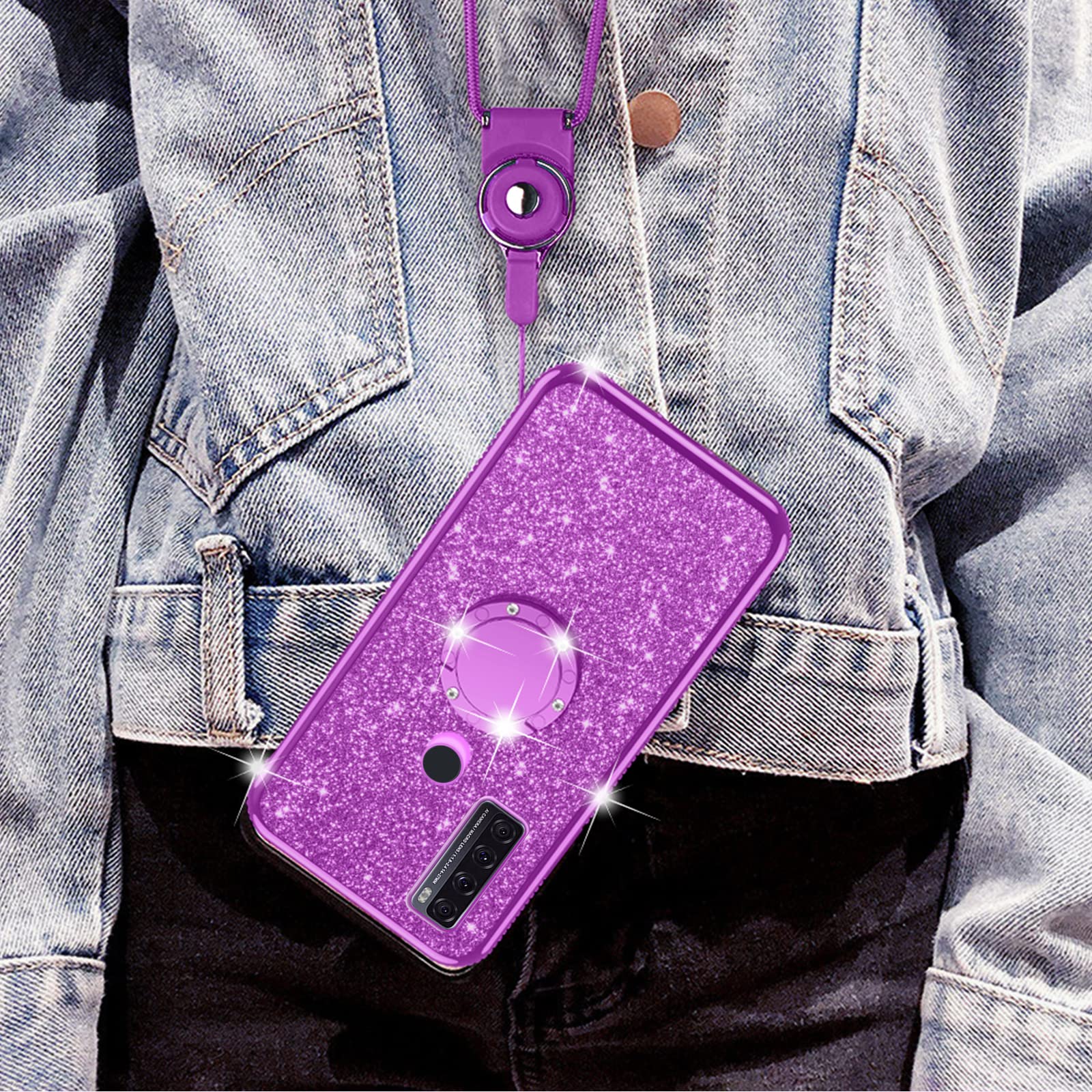 Premium Shockproof TCL 20 SE Phone Case (6.8-inch) - Luxury Glitter Slim Silicone Cover with Ring Stand & Lanyard Strap for Women & Girls - Purple | Perfect for Daily Use, Work, Travel & Fashion Accessory