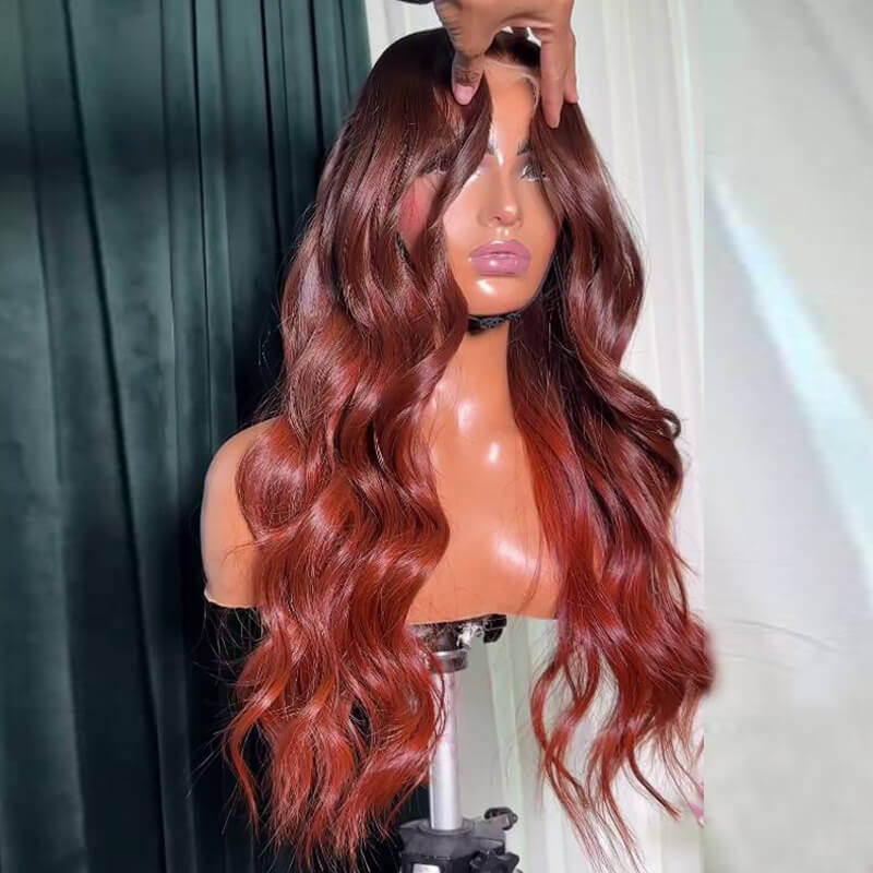 Eullair Ombre Reddish Brown Loose Wavy Human Hair Wig with Curtain Bangs - Layered Cut Glueless Lace Front Wig for Women | Perfect for Daily Wear, Cosplay & Special Occasions