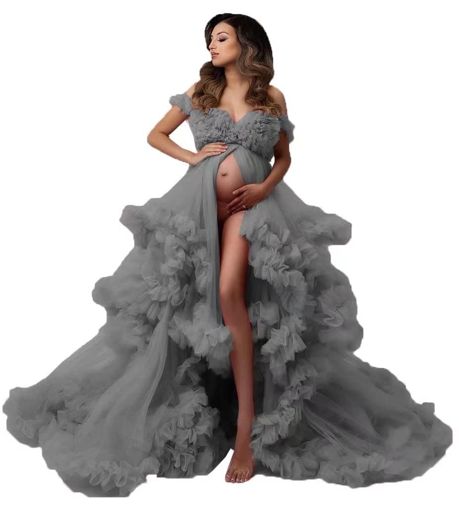 JunytDing Women's Tulle Robe - Long Puffy Gown for Maternity Photoshoot, V-Neck Sheer Nightgown & Elegant Bathrobe | Perfect for Bridal Shower, Boudoir Photography & Luxury Loungewear