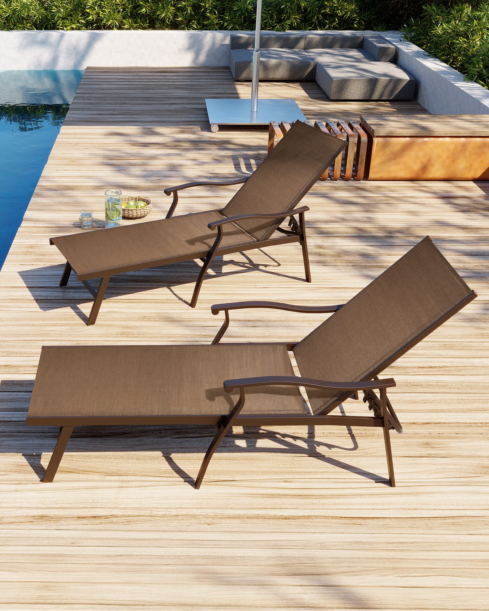 2PCS Outdoor Chaise Lounge Chairs Set - 5-Position Adjustable Backrest, Ergonomic Armrests, All-Weather Textiline Fabric & Aluminum Frame - Perfect for Patio, Beach, Poolside, Backyard Relaxation (Brown)