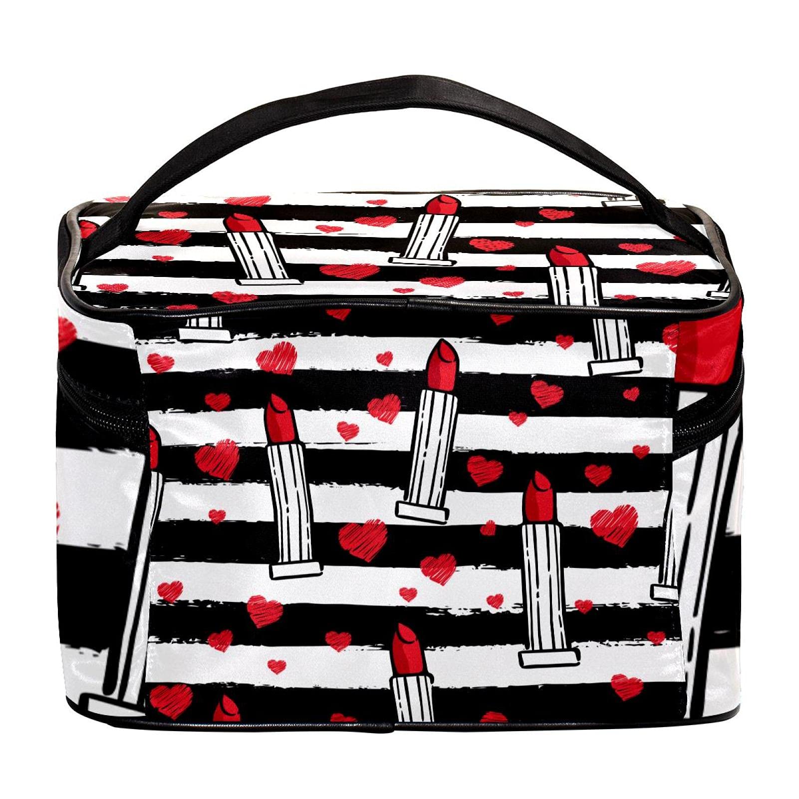 Red Lipstick & Black White Stripes Large Travel Makeup Bag - Cosmetic Organizer Case with Zipper for Women & Girls | Perfect for Travel, Gym & Daily Essentials Storage