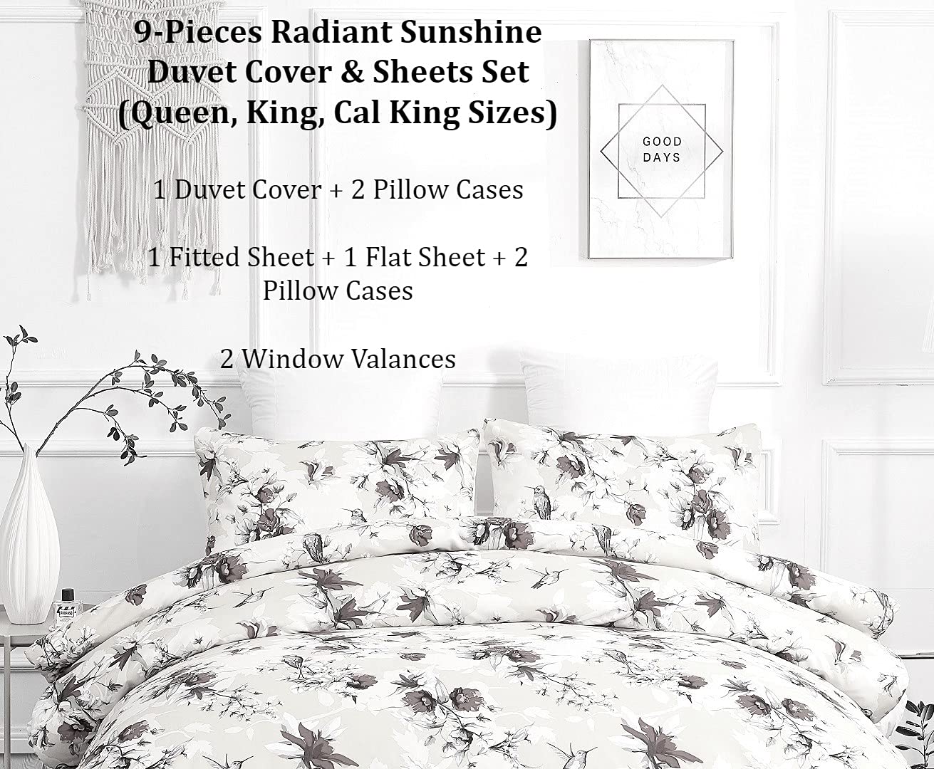 DaDalogy 9-Piece King Size Bedding Set - Yellow Hummingbird Botanical Duvet Cover, Fitted Sheet, Flat Sheet & Pillowcases with Window Curtain Valances | Soft Luxury Bed Sheets for Master Bedroom, Guest Room & Vacation Homes