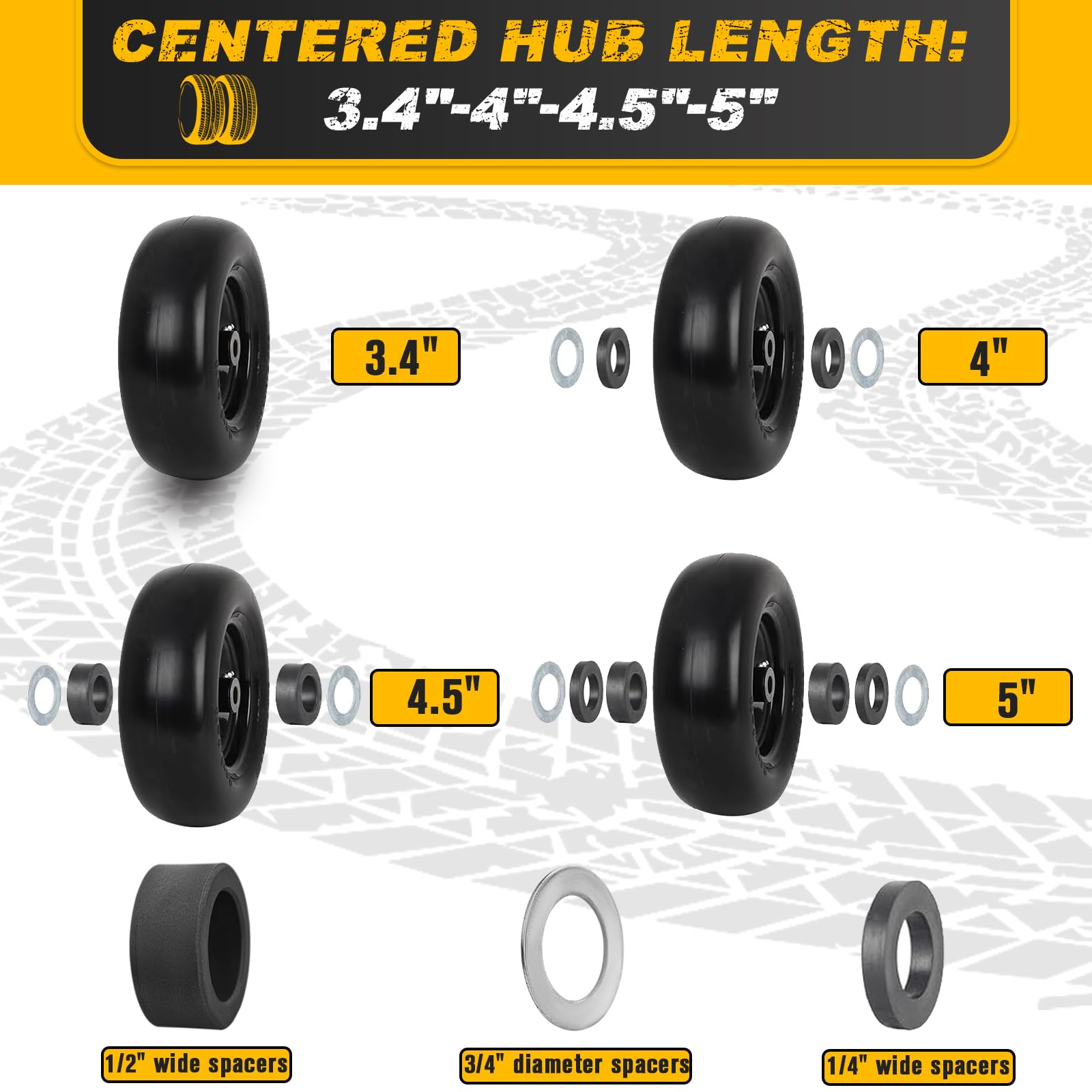 11x4.00-5 Flat Free Lawn Mower Tires - 2 Pack Solid Smooth Tractor Tires with 3/4