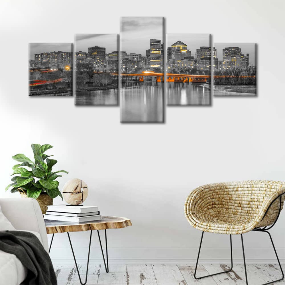 Black and White Arlington Virginia Skyline Wall Art - 5 Piece Framed Canvas Prints (50''W x 24''H) - Modern Home Decor for Living Room & Bedroom - Perfect for Office, Apartment, and Urban Style Interiors