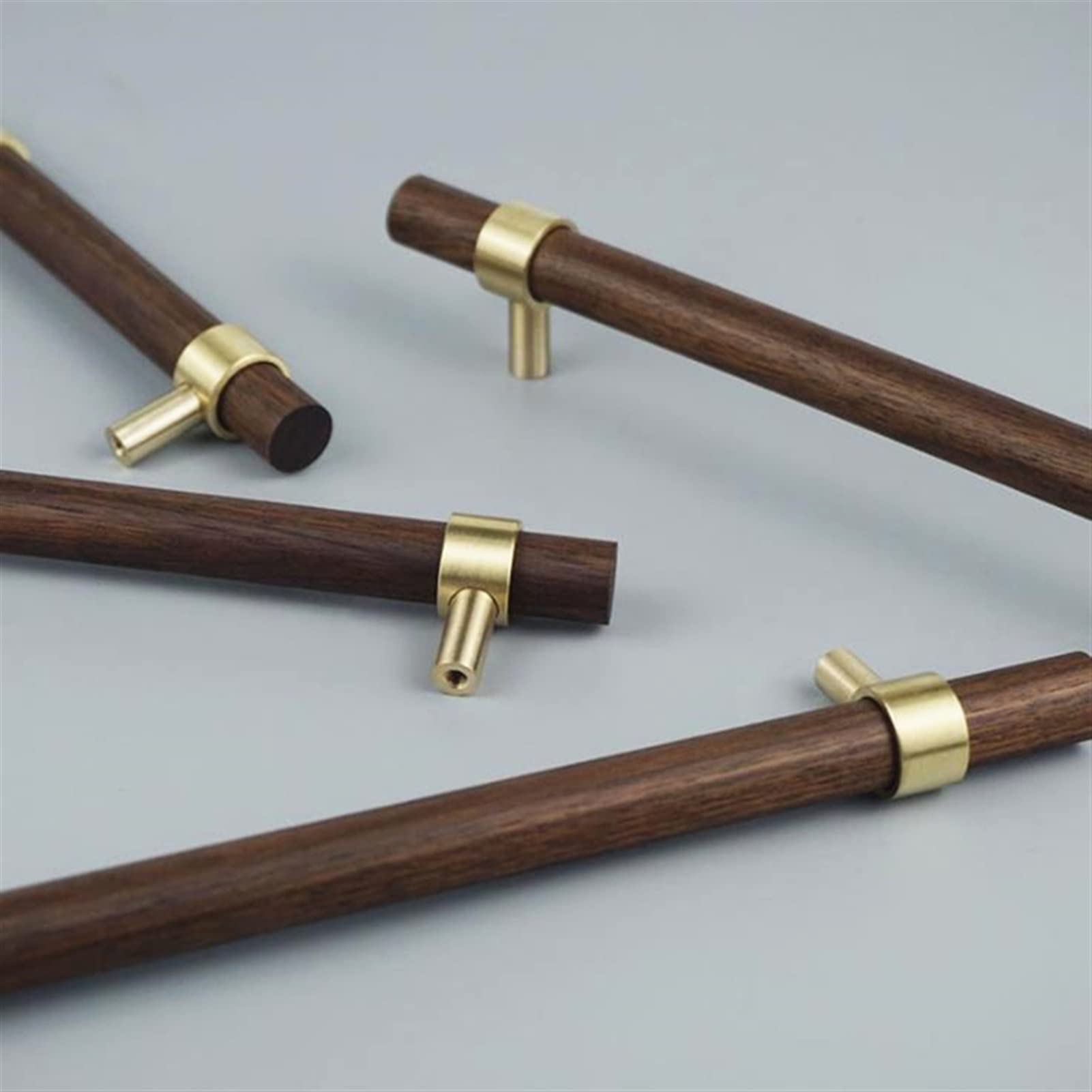 Nordic Style Cabinet Handles 6-Pack - Brass & Black Walnut Wood Kitchen Hardware, Adjustable Door Pulls for Cupboards & Drawers | Perfect for Modern Farmhouse, Scandinavian & Minimalist Kitchen Designs