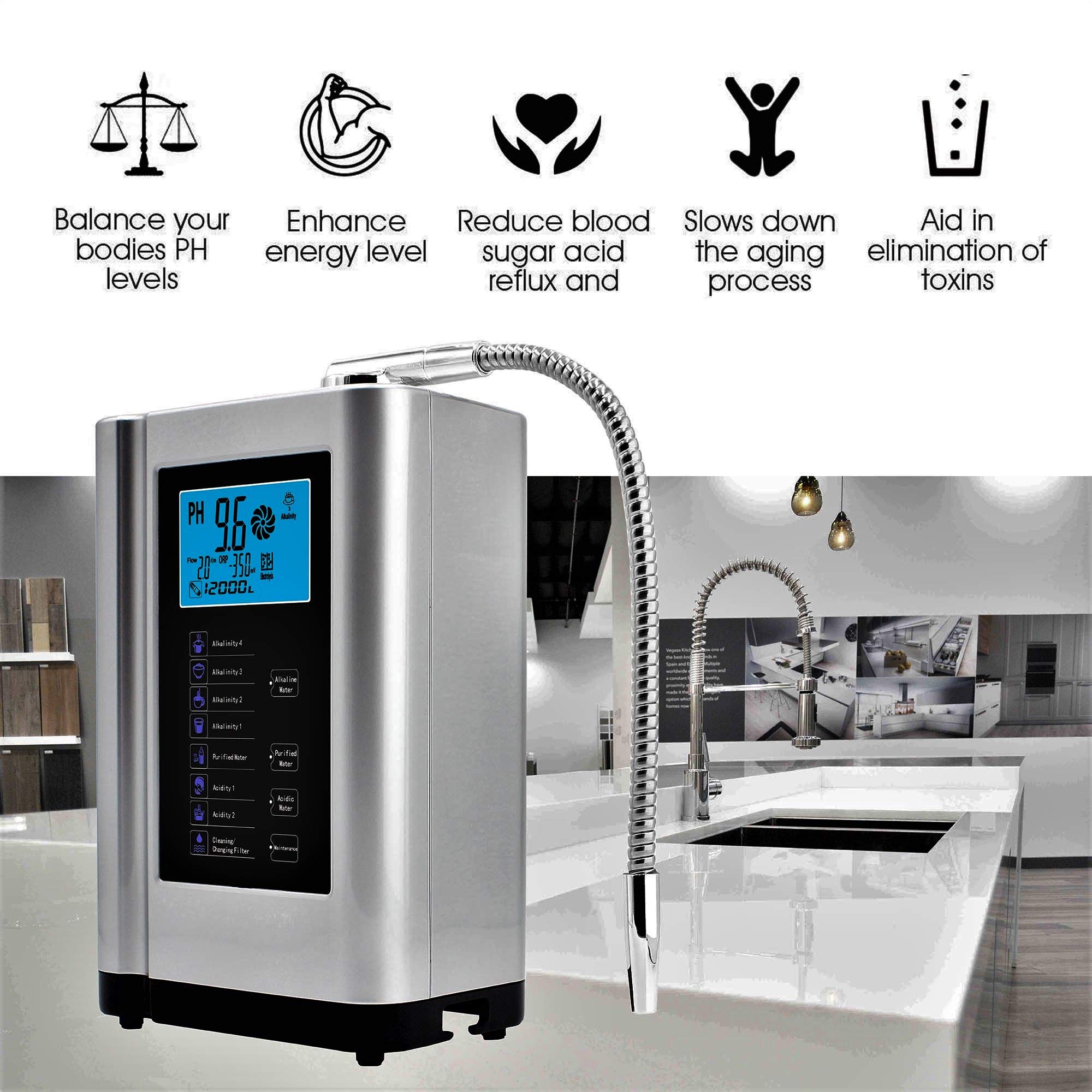 Premium Alkaline Water Ionizer Machine -500mV ORP, pH 3.5-10.5 Adjustable, 7 Water Settings, 8000L Filter Capacity, Auto-Cleaning & Voice Control (Silver) | Home & Office Hydration, Detox, Healthy Drinking Water Solution