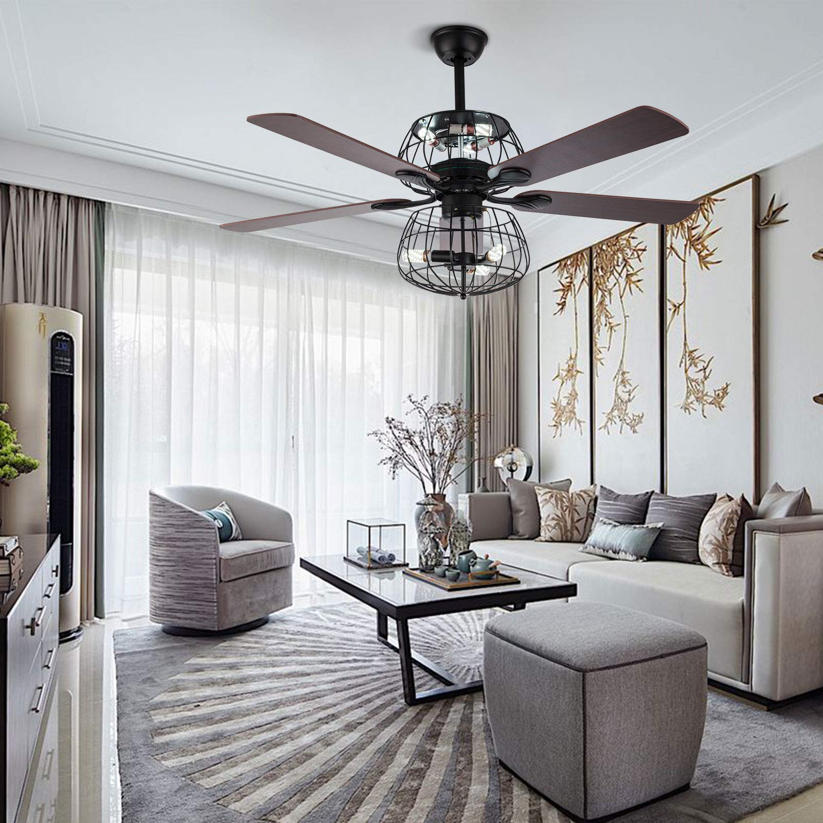 52 Inch Tropical Ceiling Fan with Lights - 3 Speed Remote Control, 6 Light Fixtures & 5 Blades - Bronze Finish for Home, Bedroom, Living Room and Restaurant Decoration