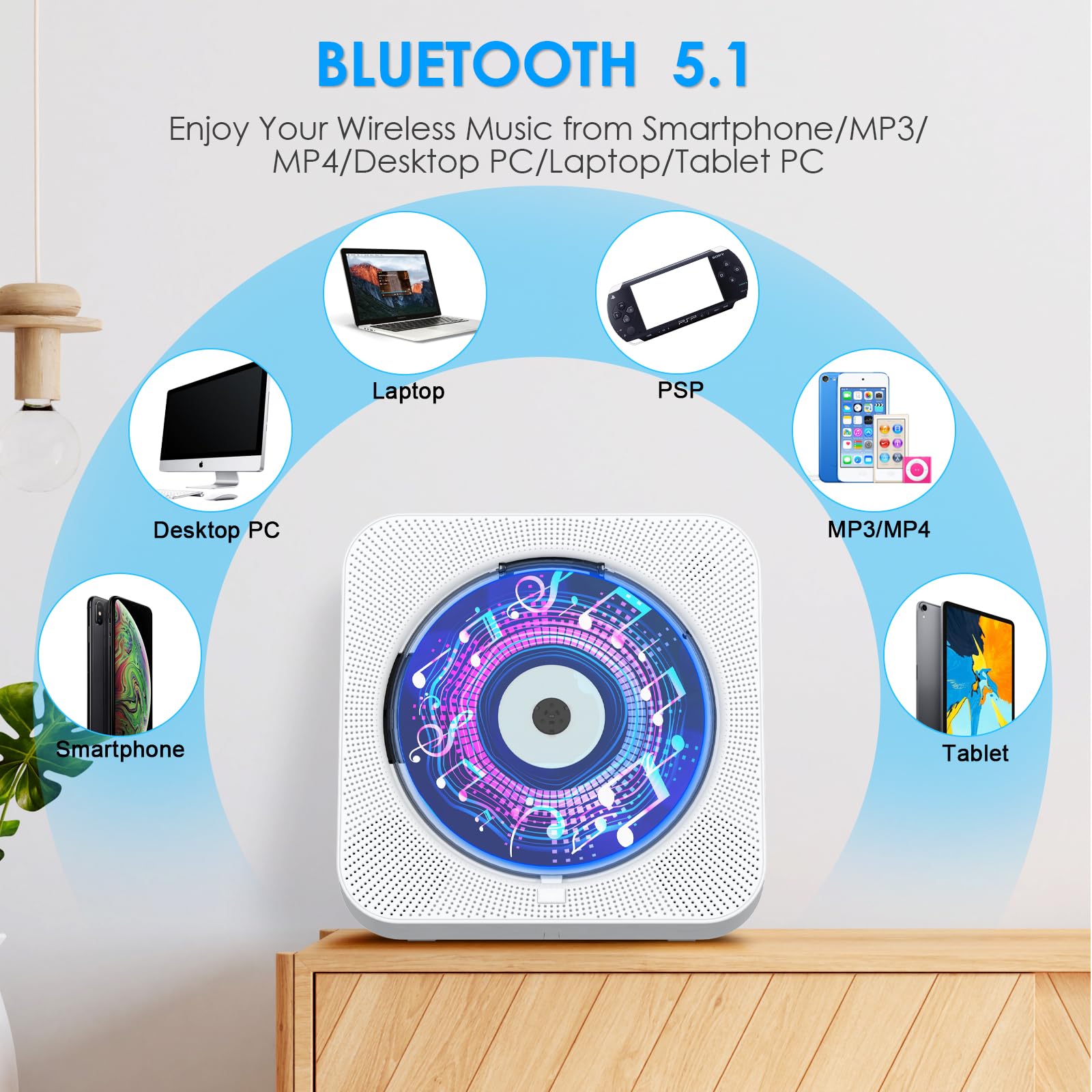 Portable Bluetooth CD Player with Built-in Speakers, FM Radio, Remote Control, LED Display & Timer - Supports AUX/USB/TF Card Playback - Perfect for Home, Office, or Car Audio Entertainment