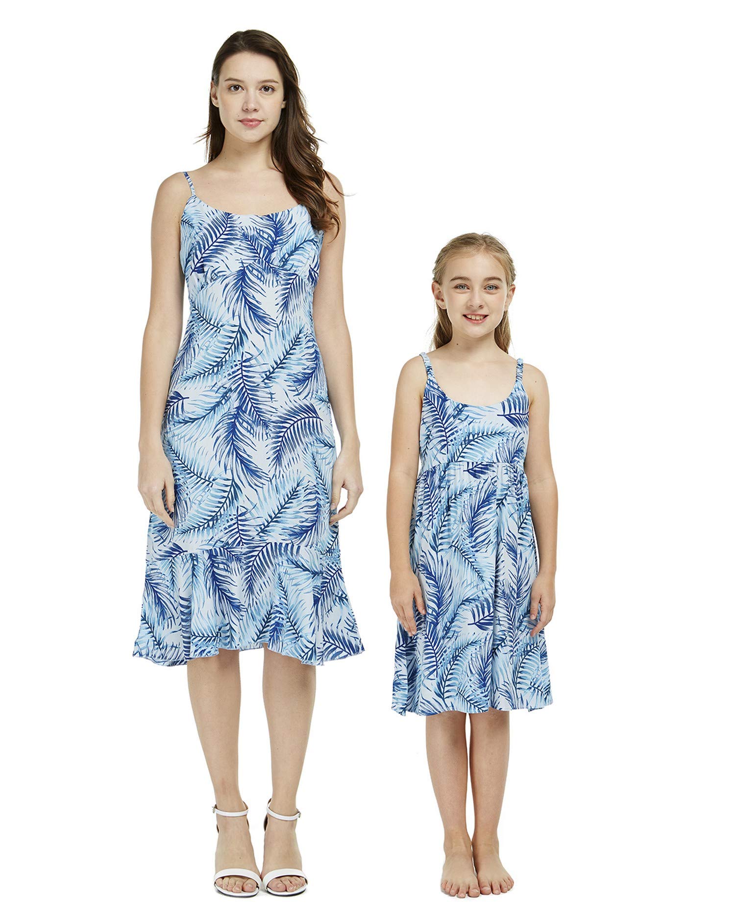 Matching Hawaiian Luau Mother Daughter Mermaid Dresses - Simply Blue Leaf Print - Beach Party, Family Vacation & Tropical Photoshoot Outfits