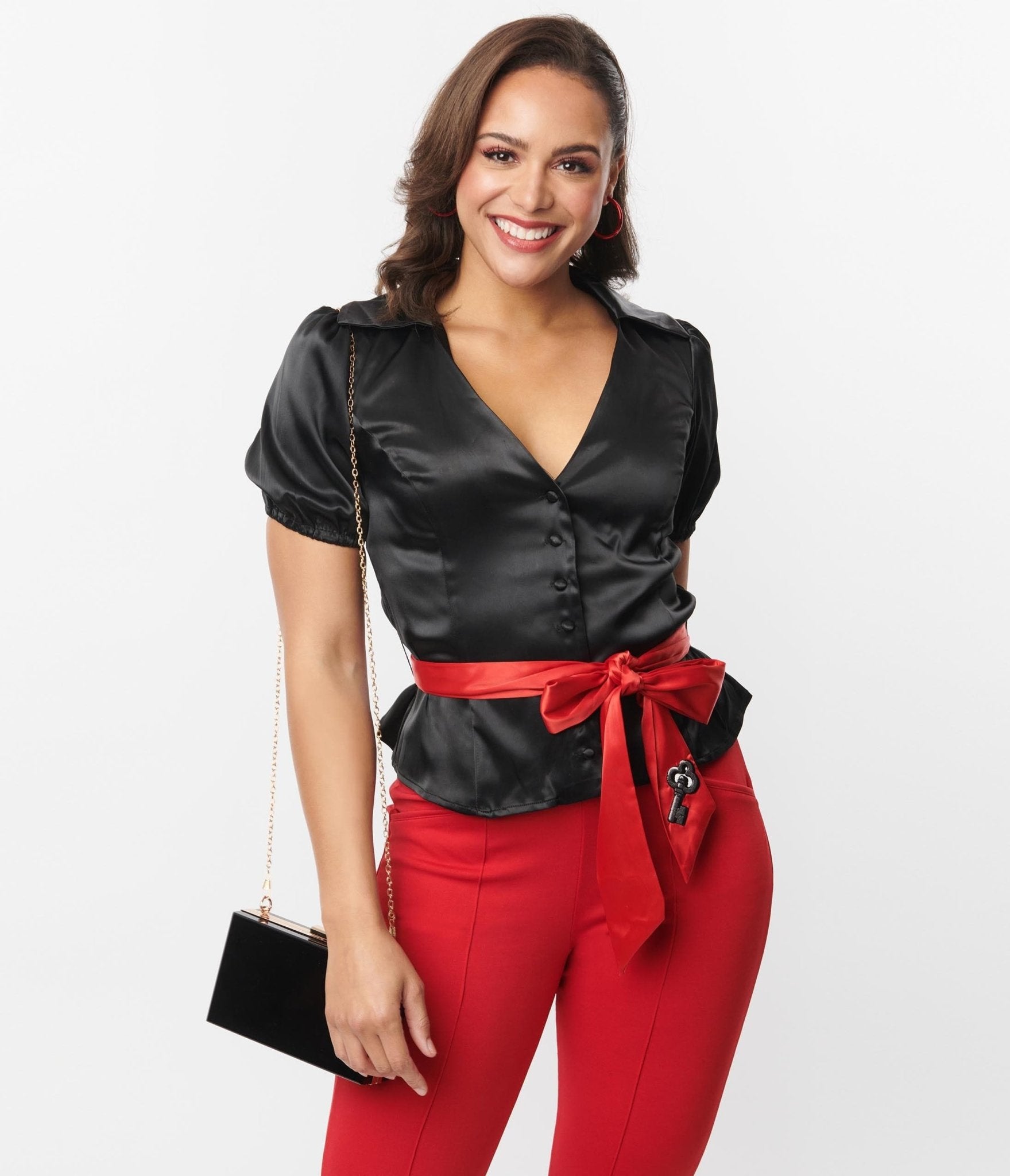 Vintage Black & Red Lock & Key Sashed Blouse - Unique Retro Women's Top for Date Night & Special Occasions