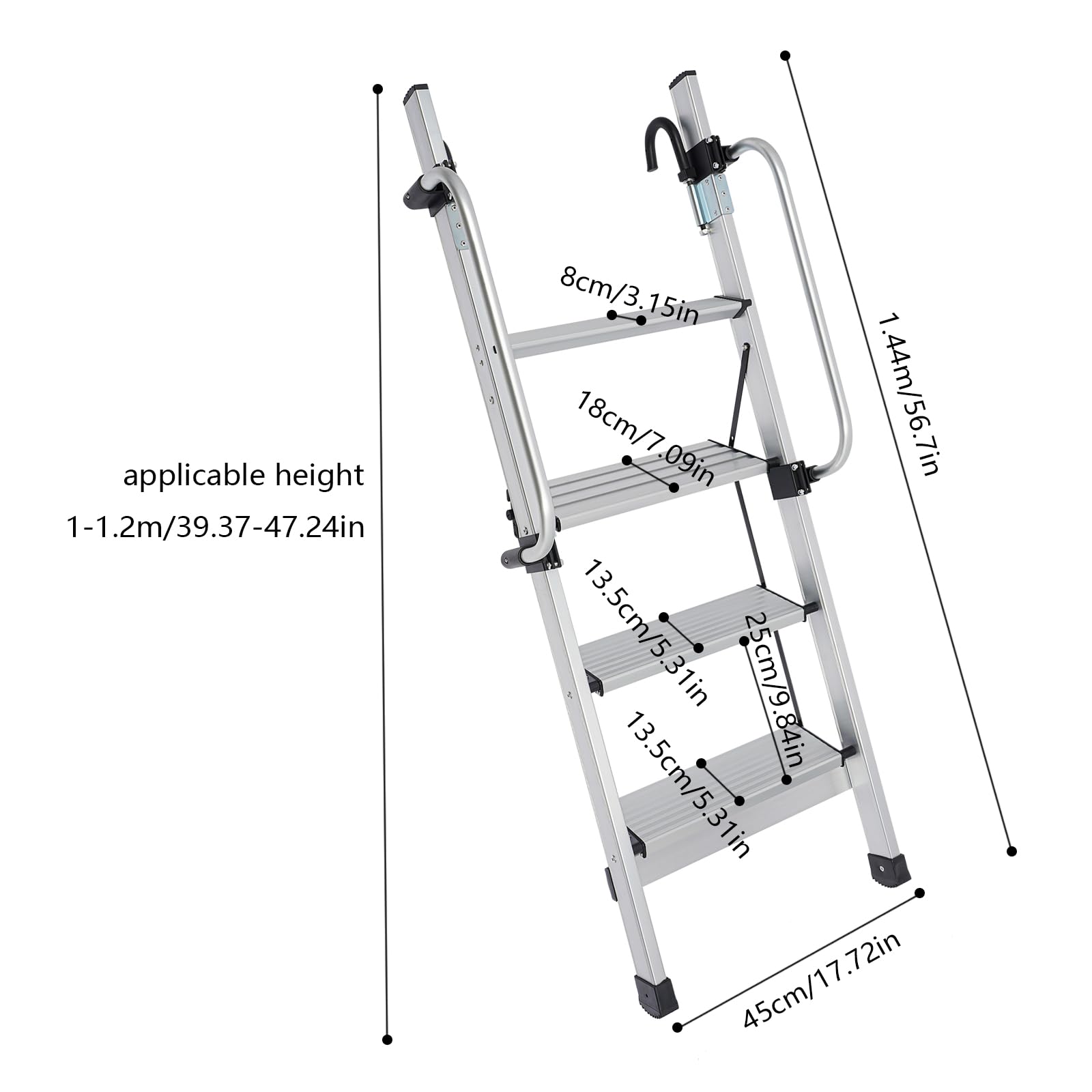 4-Step Aluminum RV Bunk Bed Ladder with Adjustable Handrail & Non-Slip Rubber Feet - Heavy Duty Loft Ladder for Campers, Trailers, Tiny Homes & Kids Bunk Beds (Silver)