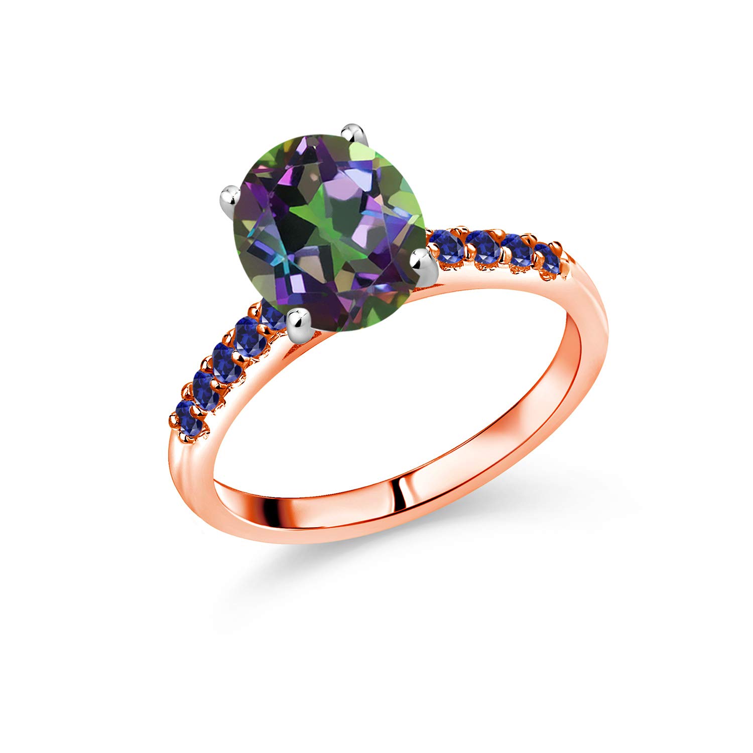 4.05 Ct Green Mystic Quartz & Blue Created Sapphire 10K Rose Gold Ring with White Gold Prongs | Gem Stone King | Elegant Wedding, Engagement & Anniversary Jewelry Gift