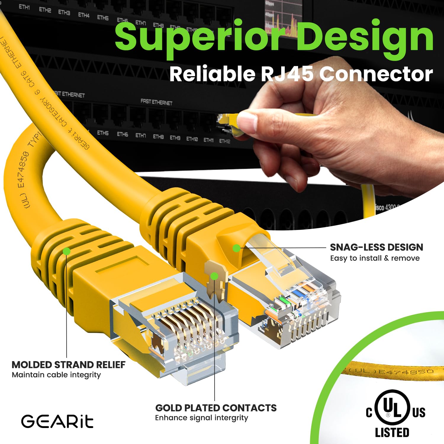 GearIT Cat 6 Ethernet Cable 10-Pack (15 Feet) - 10Gbps High-Speed Snagless RJ45 Network Patch Cord with Gold-Plated Connectors for PC, TV, Tablet, Router, Printer, Server & Data Center - Durable Yellow Cables for Home Office & IT Networking