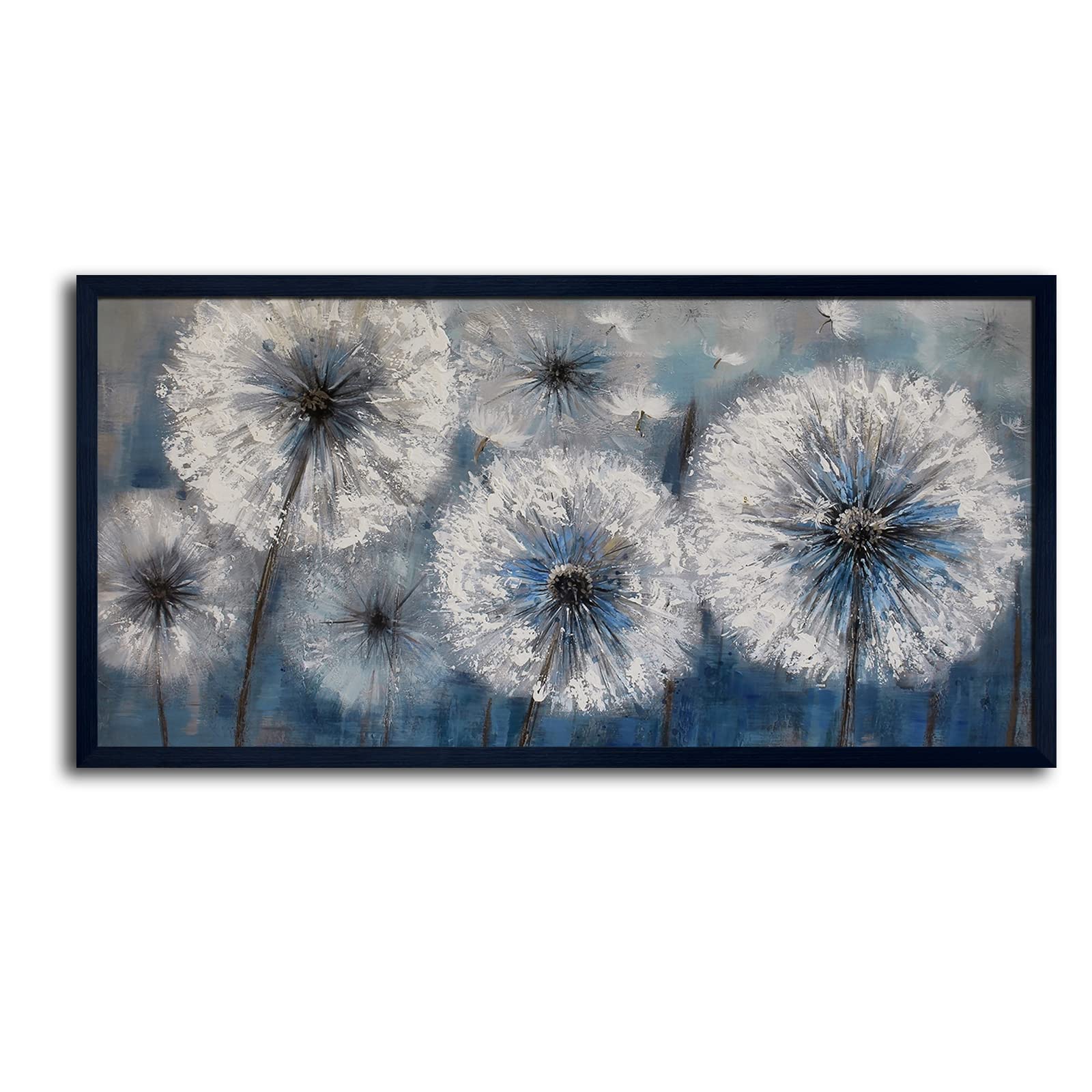Blue Dandelion Canvas Wall Art - Large Framed Modern Flower Painting (29x58 Inches) for Living Room, Bedroom Decor - Perfect Above Bed, Sofa or Office Wall Decor