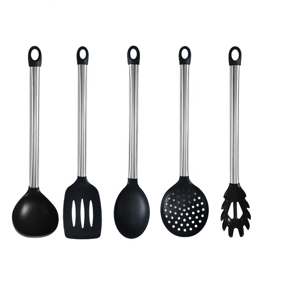 Premium Stainless Steel & Silicone Cooking Utensil Set - 5-Piece Non-Scratch Kitchen Tools for Baking, Frying & Mixing - Heat Resistant & Dishwasher Safe - Perfect for Home Chefs & Professional Kitchens