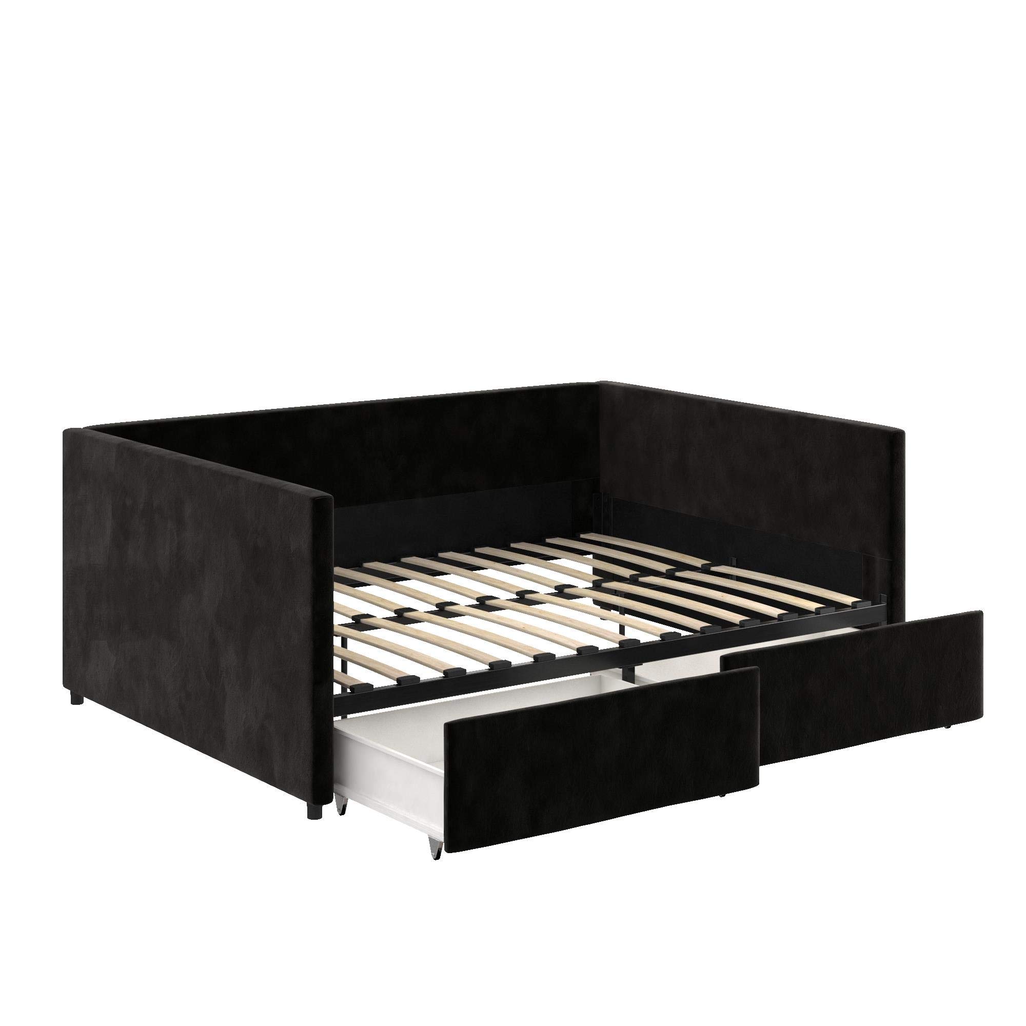 DHP Theo Full Size Daybed with Storage Drawers - Black Velvet Upholstered Sleeper Sofa for Guest Room, Dorm & Small Space Living