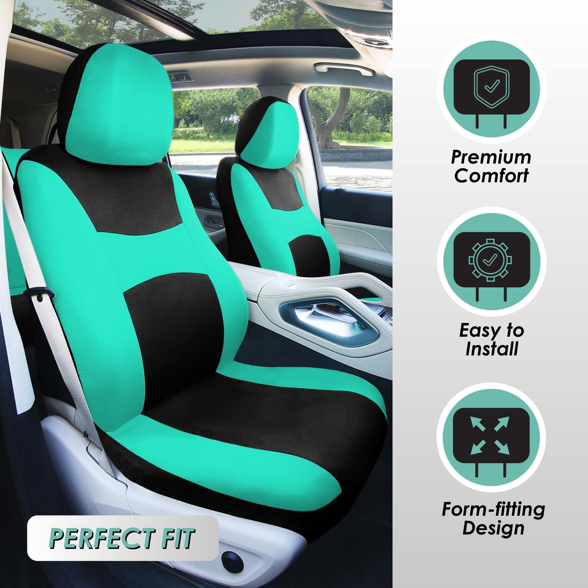 TLH Lightweight Breathable Mint Car Seat Covers - Split Bench Design with Airbag Compatibility | Waterproof Vinyl Floor Mats Set | Perfect for Summer Driving & Road Trips