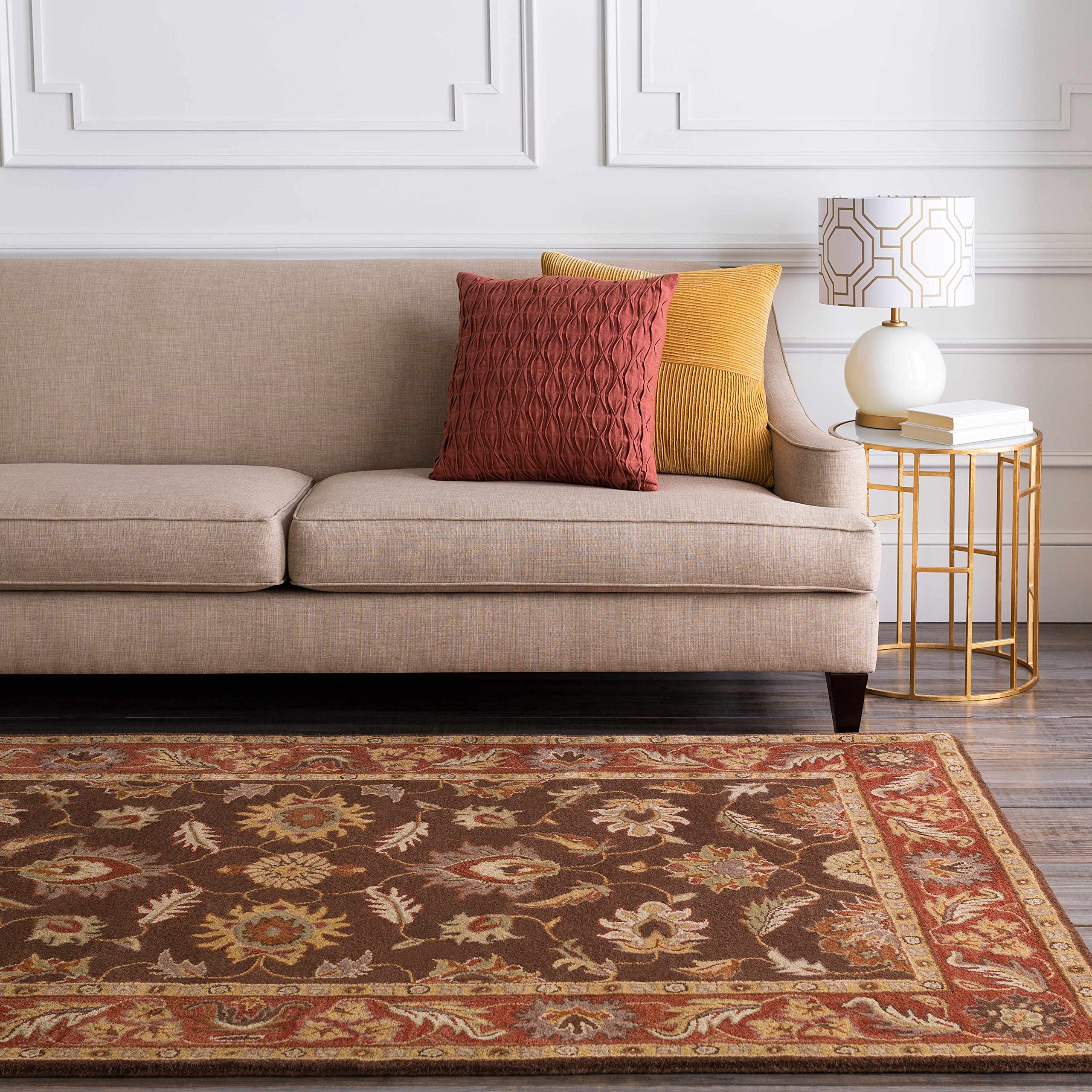 Hauteloom Daviston Wool Area Rug 5' x 8' - Traditional Beige Brown Red Handmade Rug for Living Room, Bedroom - Soft & Durable Floor Covering for Home Decor, Cozy Interior Design