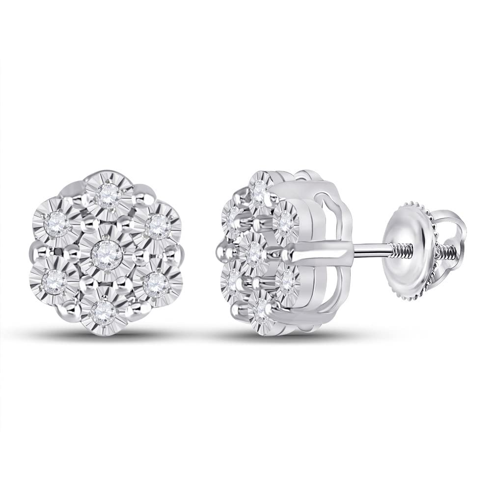 10K White Gold Women's Round Diamond Flower Cluster Earrings - 1/10 CTTW | Elegant Stud Earrings for Wedding, Anniversary & Everyday Wear