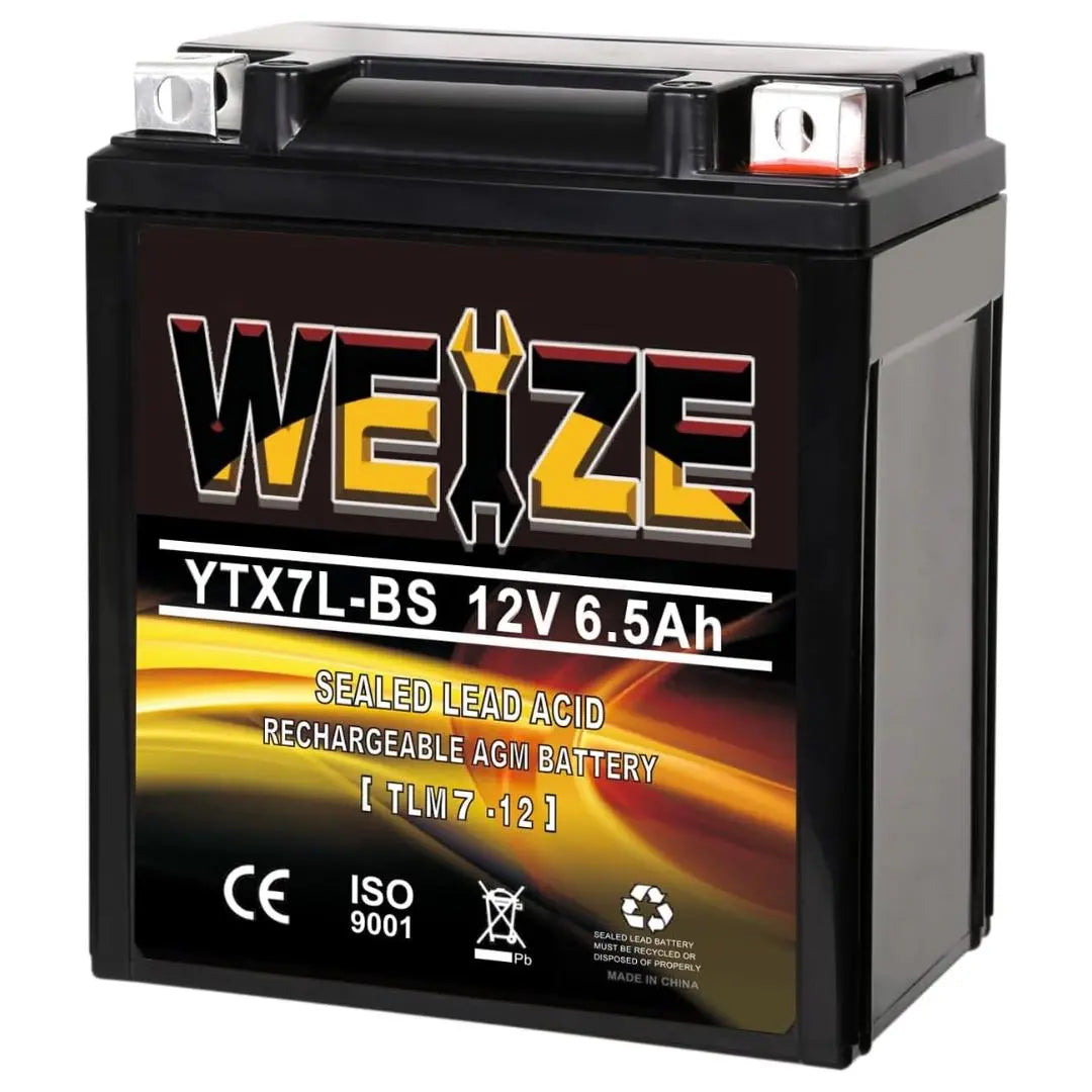 WEIZE YTX7L-BS 12V 6.5Ah High Performance AGM Battery - Maintenance Free, Sealed, 100CCA - Compatible with Honda, Kawasaki, Suzuki ATV & Motorcycles - Perfect for Off-Road, Powersports & Outdoor Adventures