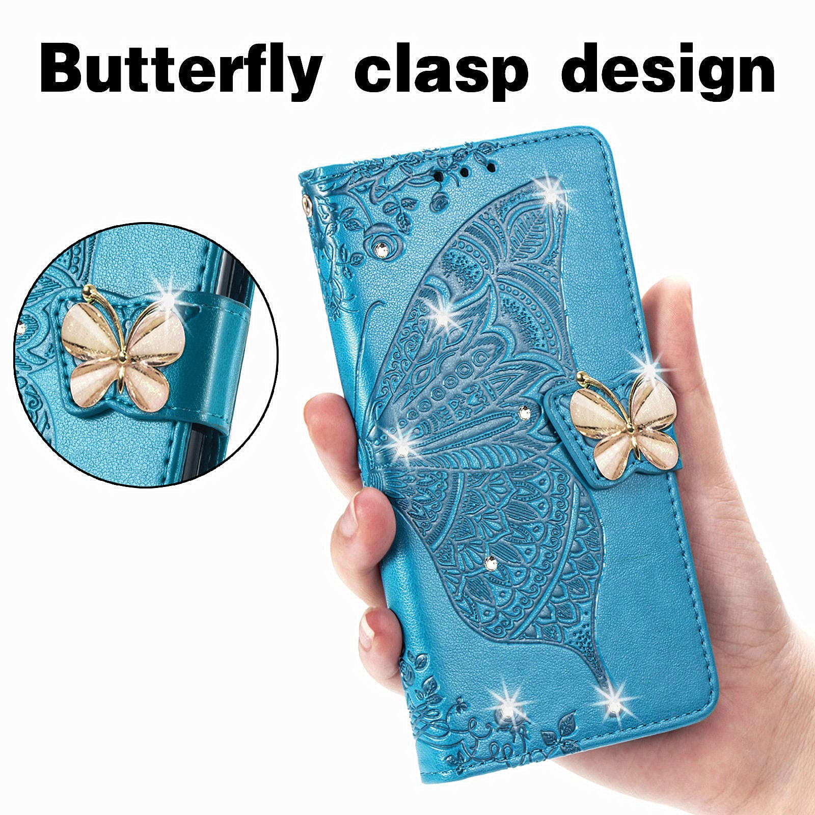 Butterfly Pattern PU Leather Wallet Case for iPhone 13 Pro Max - Magnetic Clasp & Card Holder Cover with Rhinestones (Blue) | Perfect for Everyday Use, Travel, and Secure Storage of Cards & Cash