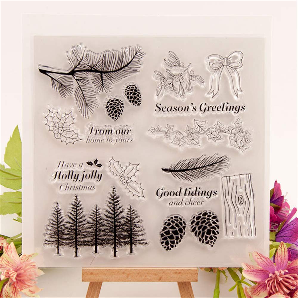 Winter Trees Branch Leaves Pine Cones Bow Clear Rubber Stamps for Card Making, Scrapbooking & Christmas Wishes - Silicone Stamps Set (T1641) - Perfect for DIY Greeting Cards, Holiday Crafts & Gift Wrapping