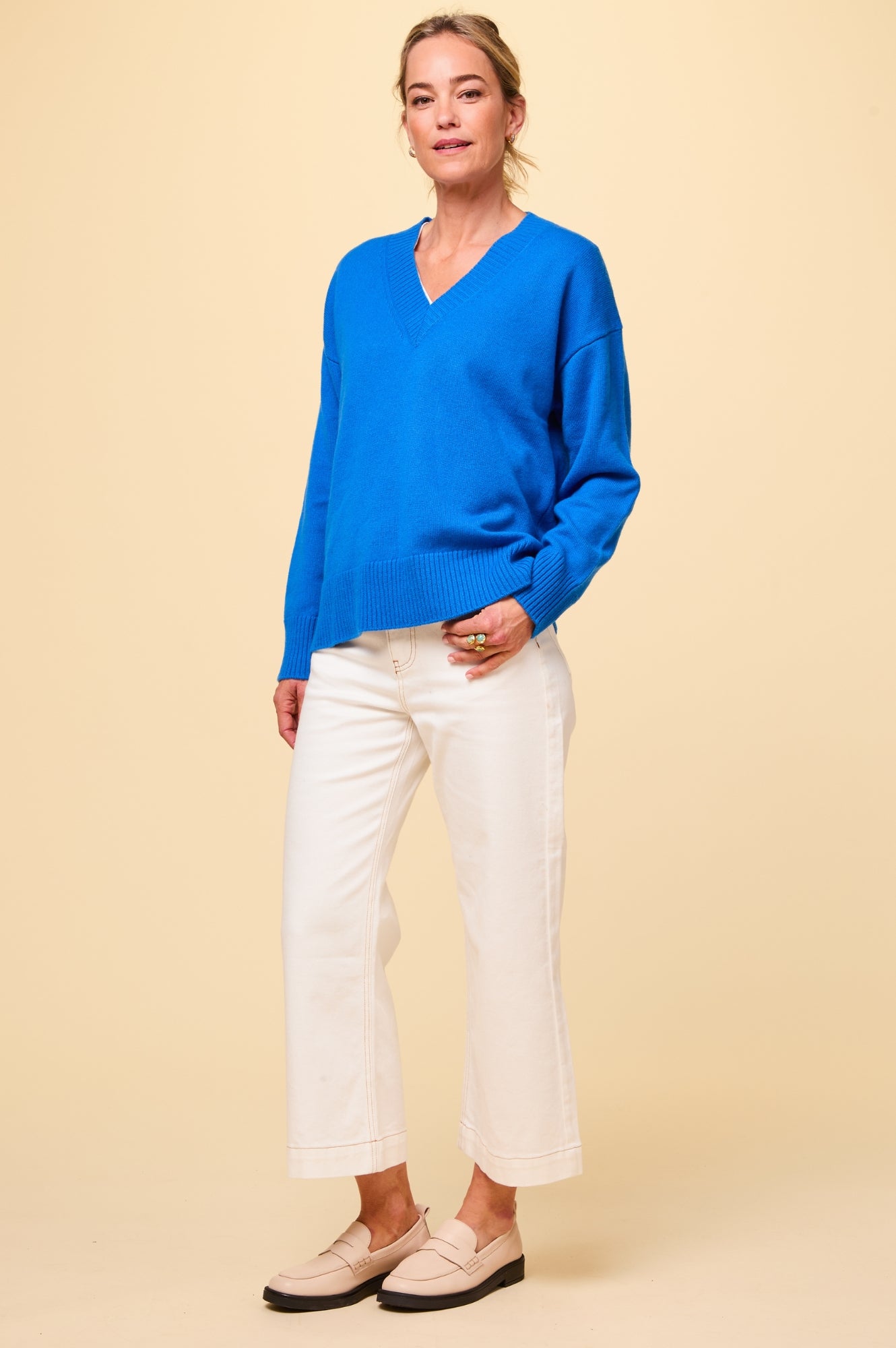 Premium Merino Wool Relaxed V-Neck Sweater for Women | Soft & Comfortable Blue Pullover | Perfect for Casual Wear, Office & Winter Outfits