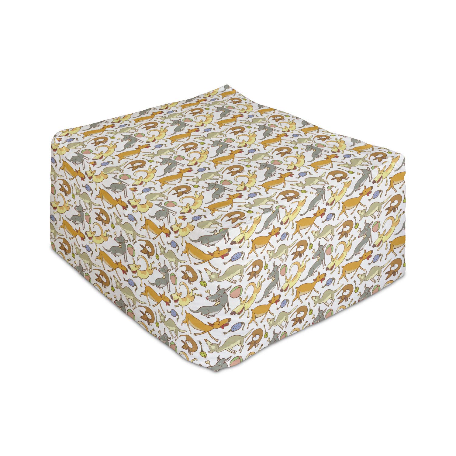 Ambesonne Dog Rectangle Pouf - Cartoon Style Dog Playing with Toys Print Footrest Ottoman, 25 Inch Multicolor Under Desk Stool for Living Room & Office - Perfect for Relaxing Feet, Extra Seating, and Home Decor