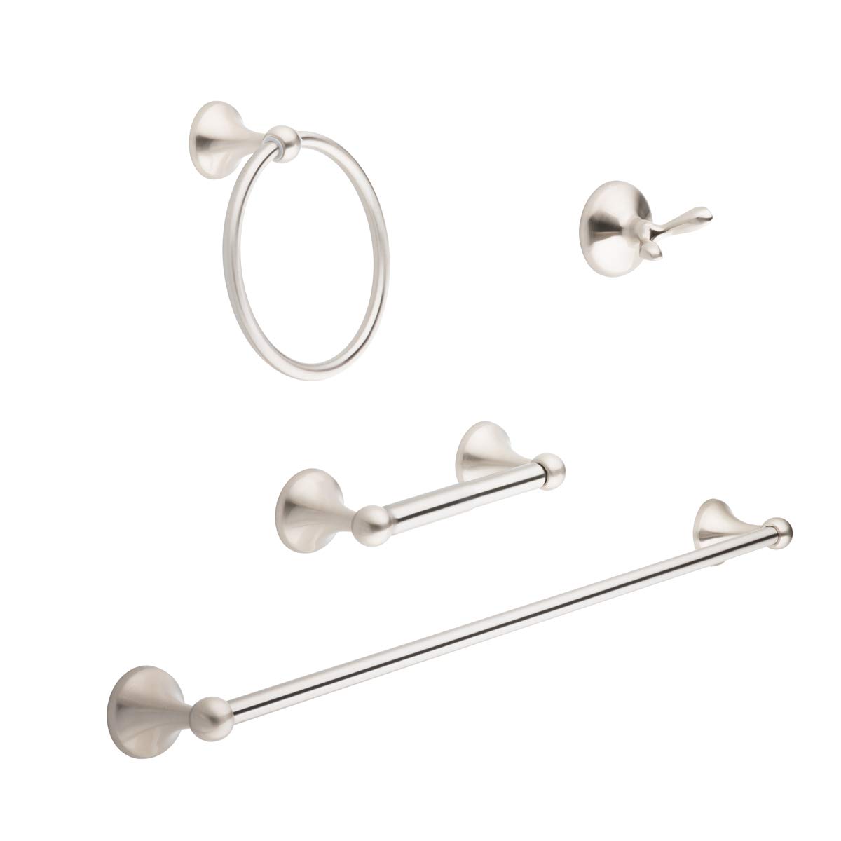 Amazon Basics 4-Piece Bathroom Hardware Accessories Set in Satin Nickel - Towel Bar, Towel Ring, Robe Hook & Toilet Paper Holder for Modern Bathroom Decor