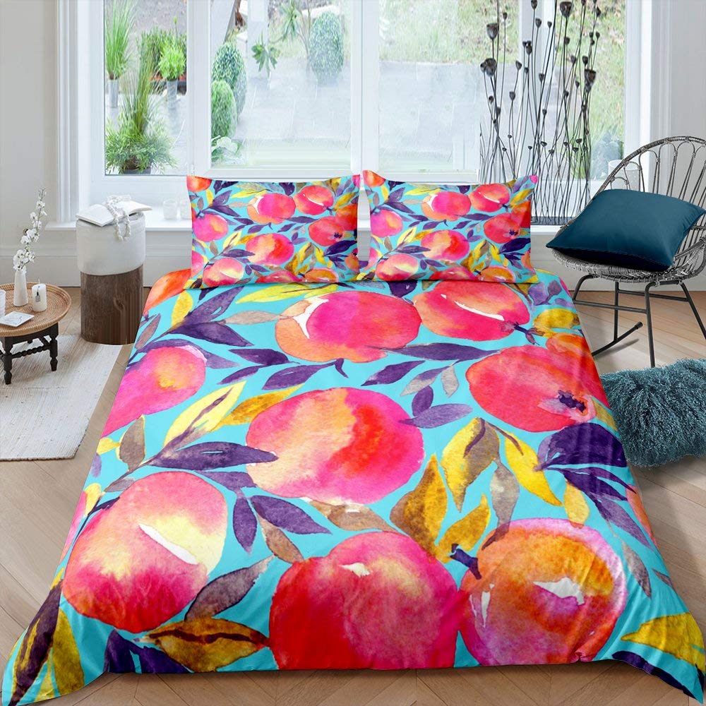 Red Peach Fruit Print King Size Bedding Set - 3 Piece Comforter Set with Light Blue Background & Leaf Design (1 Duvet Cover + 2 Pillowcases) for Cozy Bedroom Decor & Guest Room Styling