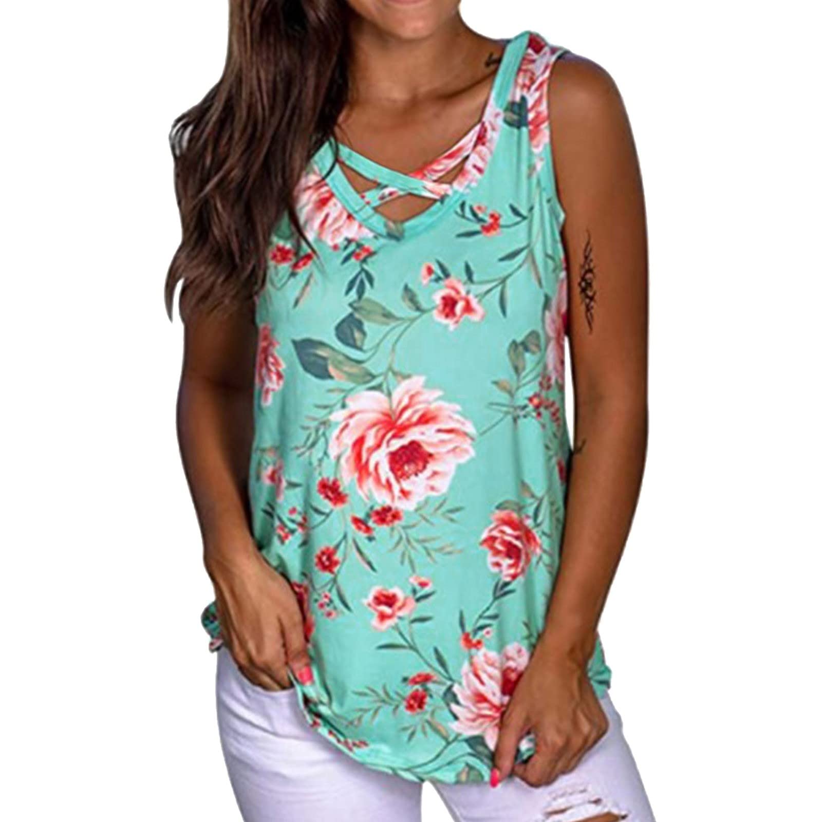 Trendy Women's Summer V-Neck Camisole Tank Tops - Boho Off Shoulder Sleeveless Blouse for Casual Wear, Beach Outfits & Summer Vacation