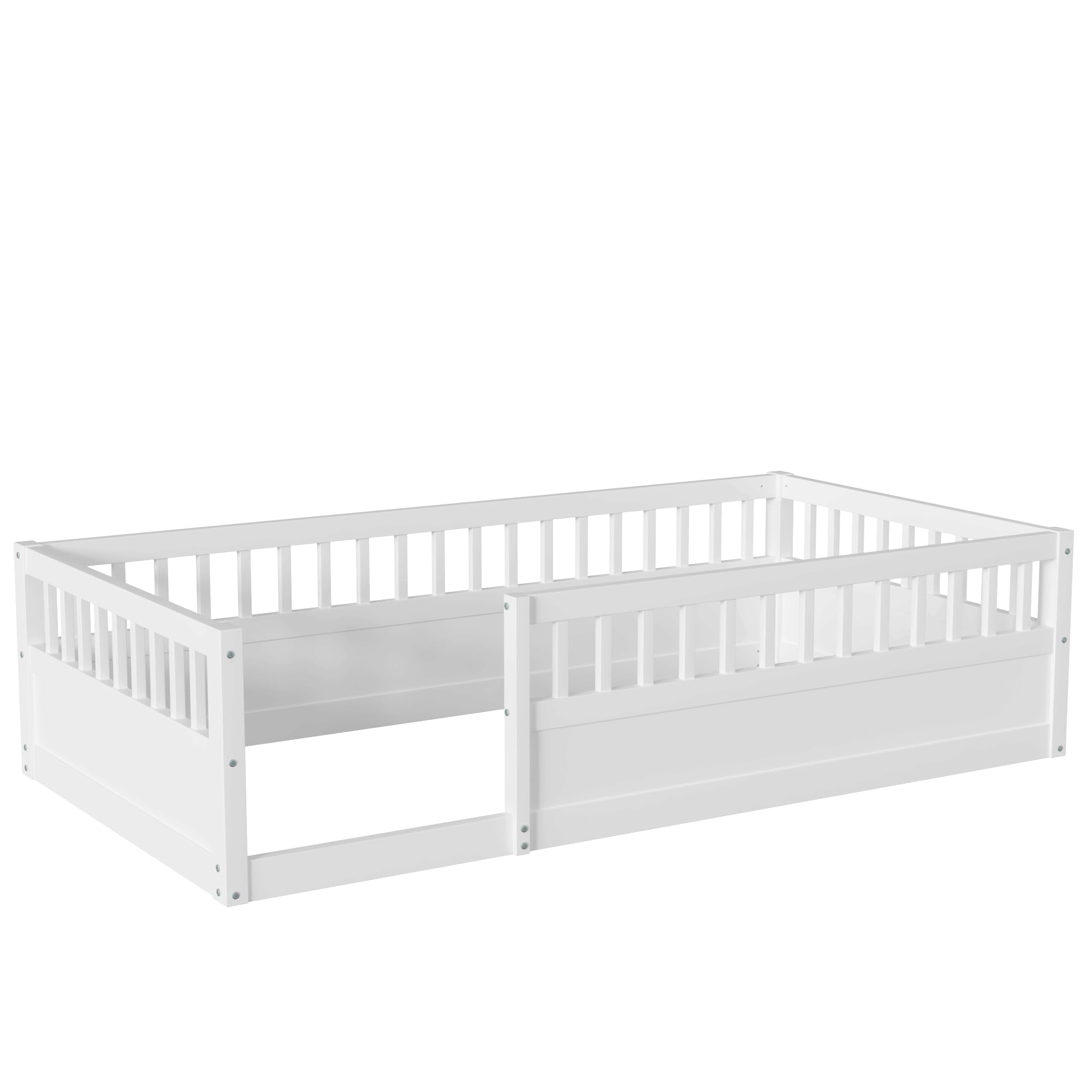 Bellemave Twin Size Montessori Floor Bed for Kids - Wooden Playhouse Bed with High Safety Railings for Baby Boys, Girls & Teens - No Slats Included (White) - Perfect for Montessori Rooms, Daycare Centers & Safe Toddler Sleep Spaces