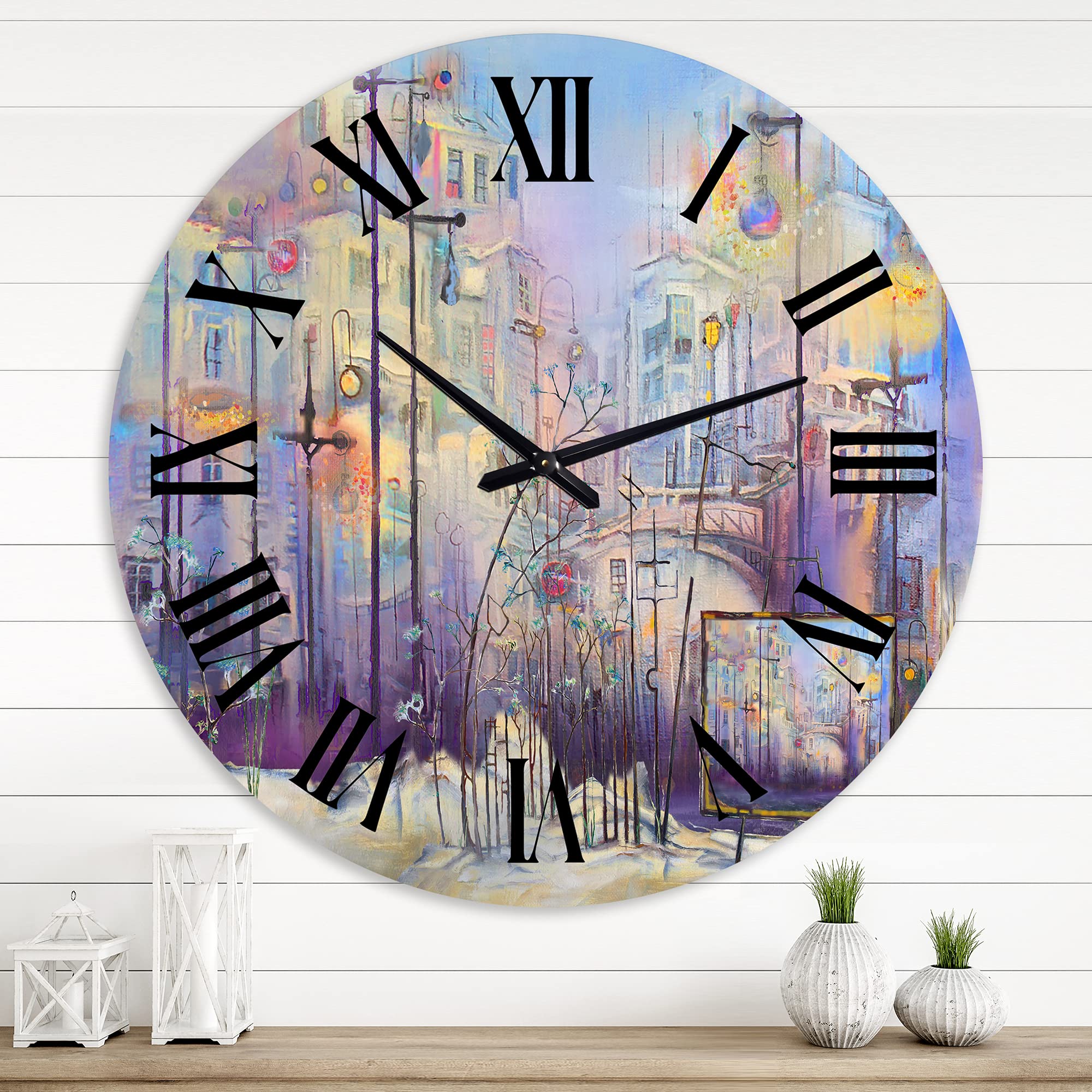 Abstract Pastel Cityscape Modern Wall Clock - Large Decorative Kitchen Clock with Landscape & Nature Design | Perfect for Home, Office & Living Room Decor