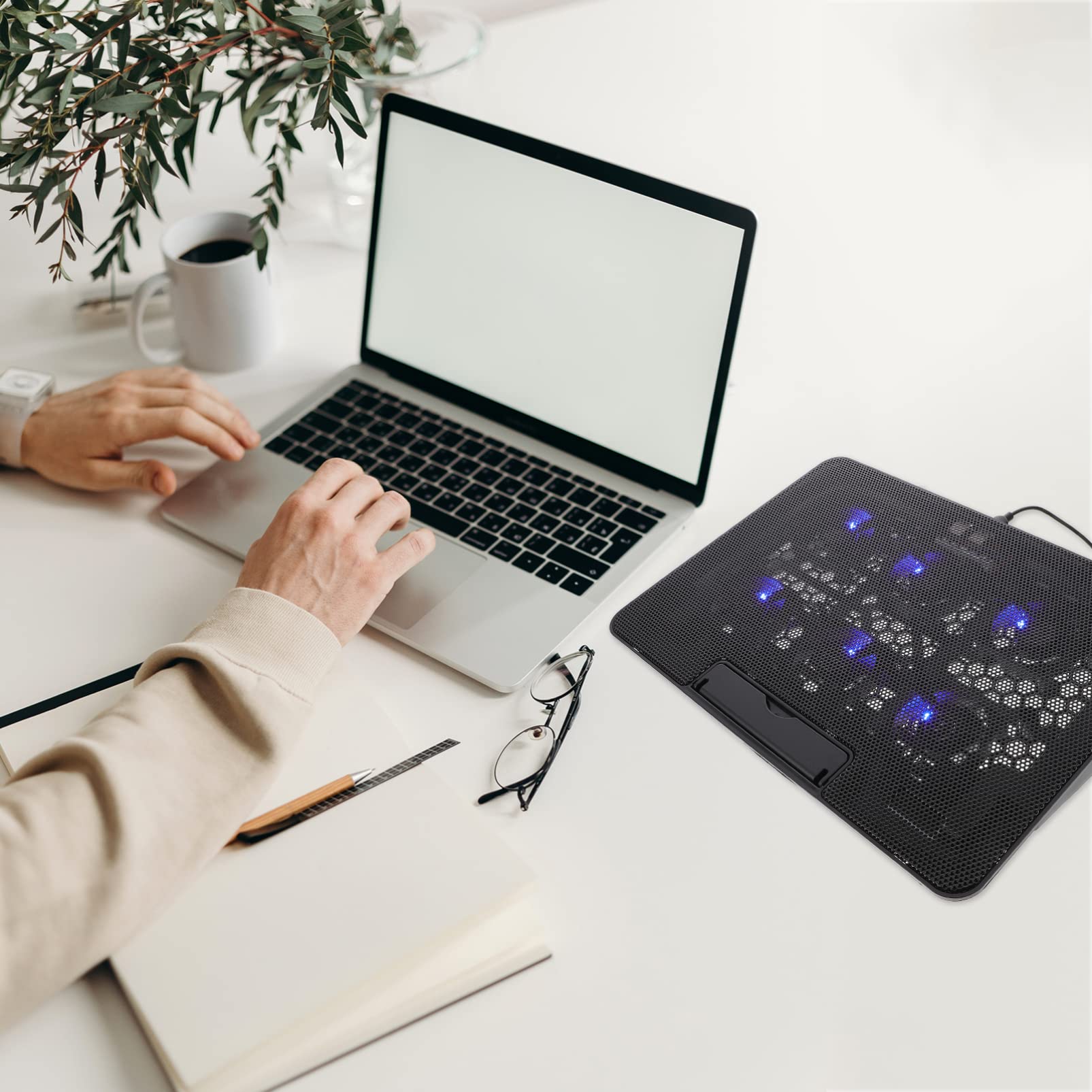 Portable Laptop Cooling Pad with Fan - Adjustable Laptop Stand with Exhaust Cooling System, Plastic Base for Desk Use, Ideal for Gaming, Office, and Home Workspaces