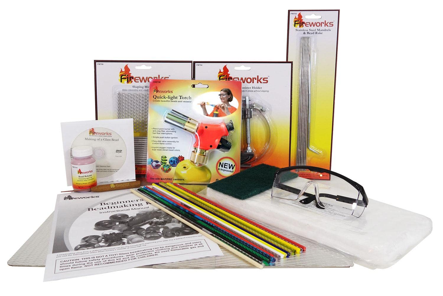 Fireworks Beginner's Bead Kit with Tools, Glass Rods & Instructional DVD - Complete Jewelry Making Supplies for DIY Craft Projects & Gift Making