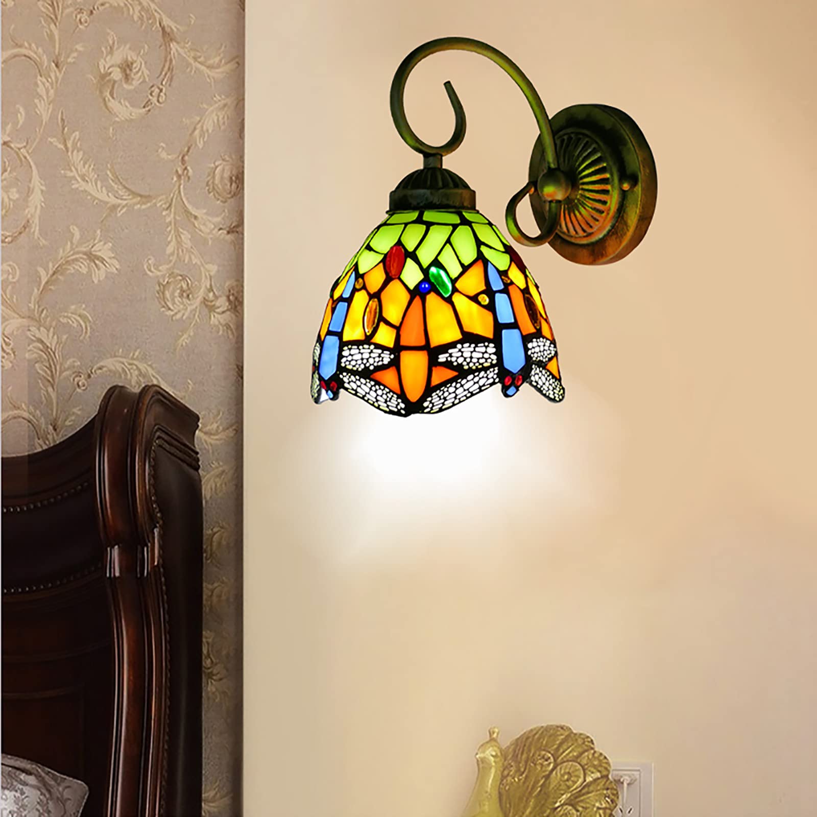 Tiffany Style Wall Lamp LED - Stained Glass Sconce with Dragonfly Design, E27 Base, 6 Inch Hallway Light for Bedroom & Living Room - Perfect for Corridor, Gallery, and Passageway Lighting