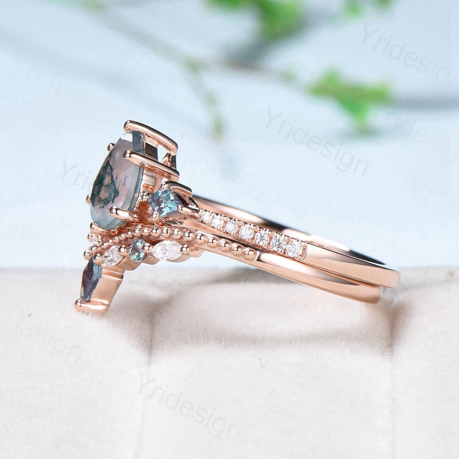 1.25 Carat Pear Shaped Natural Green Moss Agate Engagement Ring Set in Vintage 14k Rose Gold with Milgrain Detailing - Elegant Kite Agate Bridal Ring Set for Women - Perfect for Proposals, Weddings & Anniversary Gifts