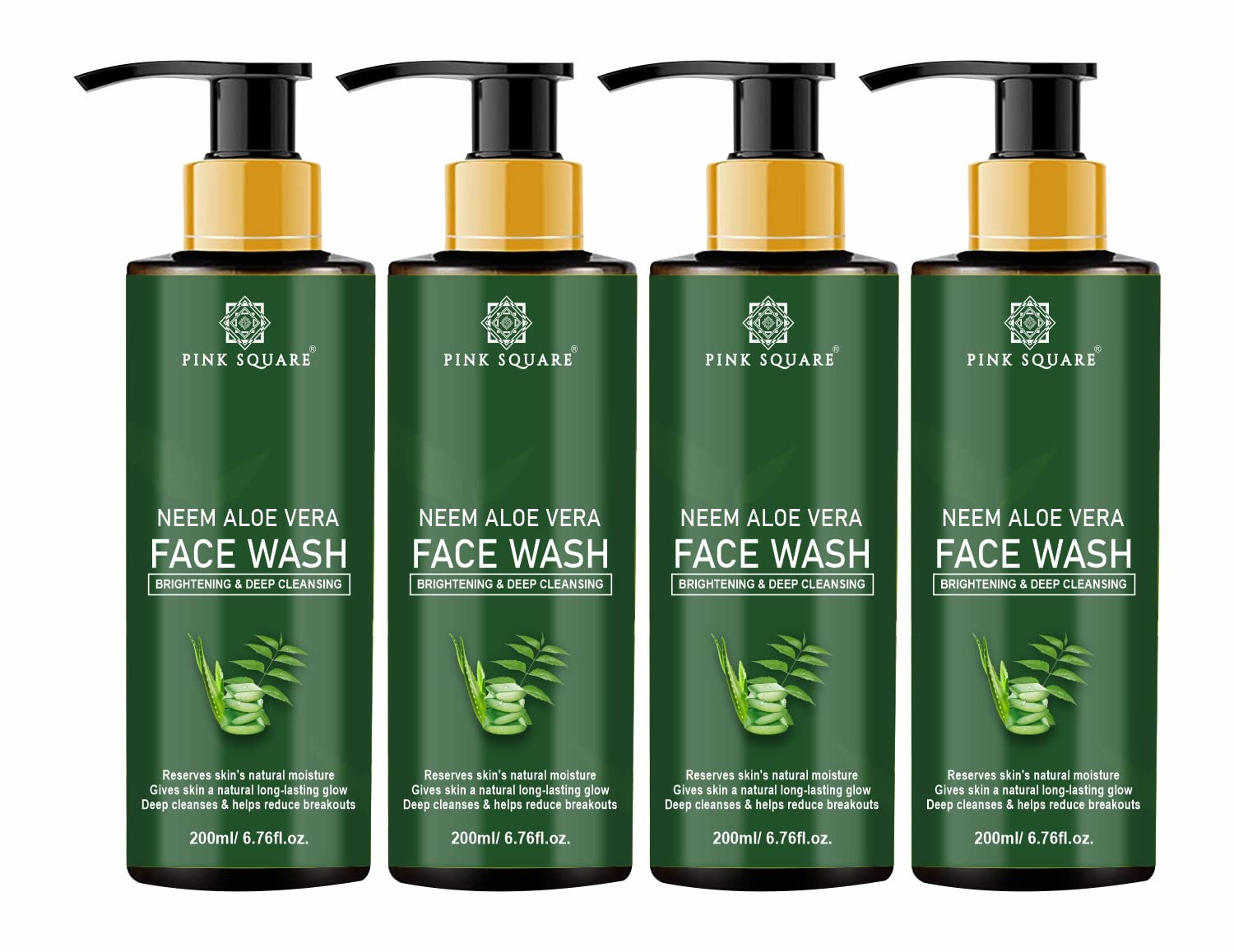 Neem & Aloe Vera Purifying Face Wash for Acne Prevention - Oil Free, Softens Skin - Pink Square Bottle (4 Pack, 200ml Each) - Ideal for Daily Skincare & Travel