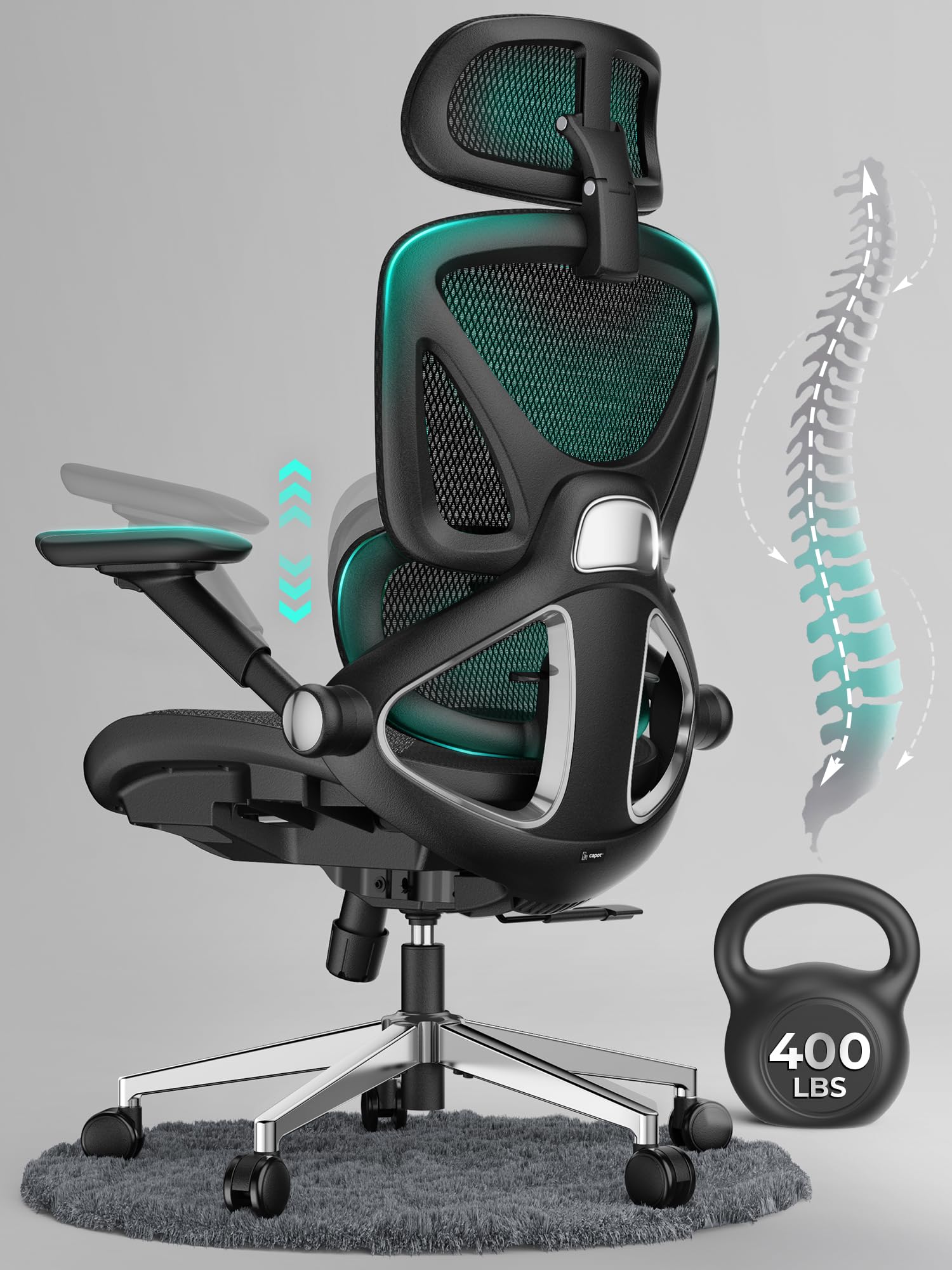 Ergonomic Mesh Office Chair with Adjustable Lumbar Support - High Back Desk Chair for Heavy Duty 400lbs - 4D Flip-Up Arms & 3-Level Tilt Backrest - 3D Headrest & PU Wheels - Swivel Rolling Computer Chair for Long Hours Desk Work - Perfect for Home Office, Gaming Setup & Professional Workspaces
