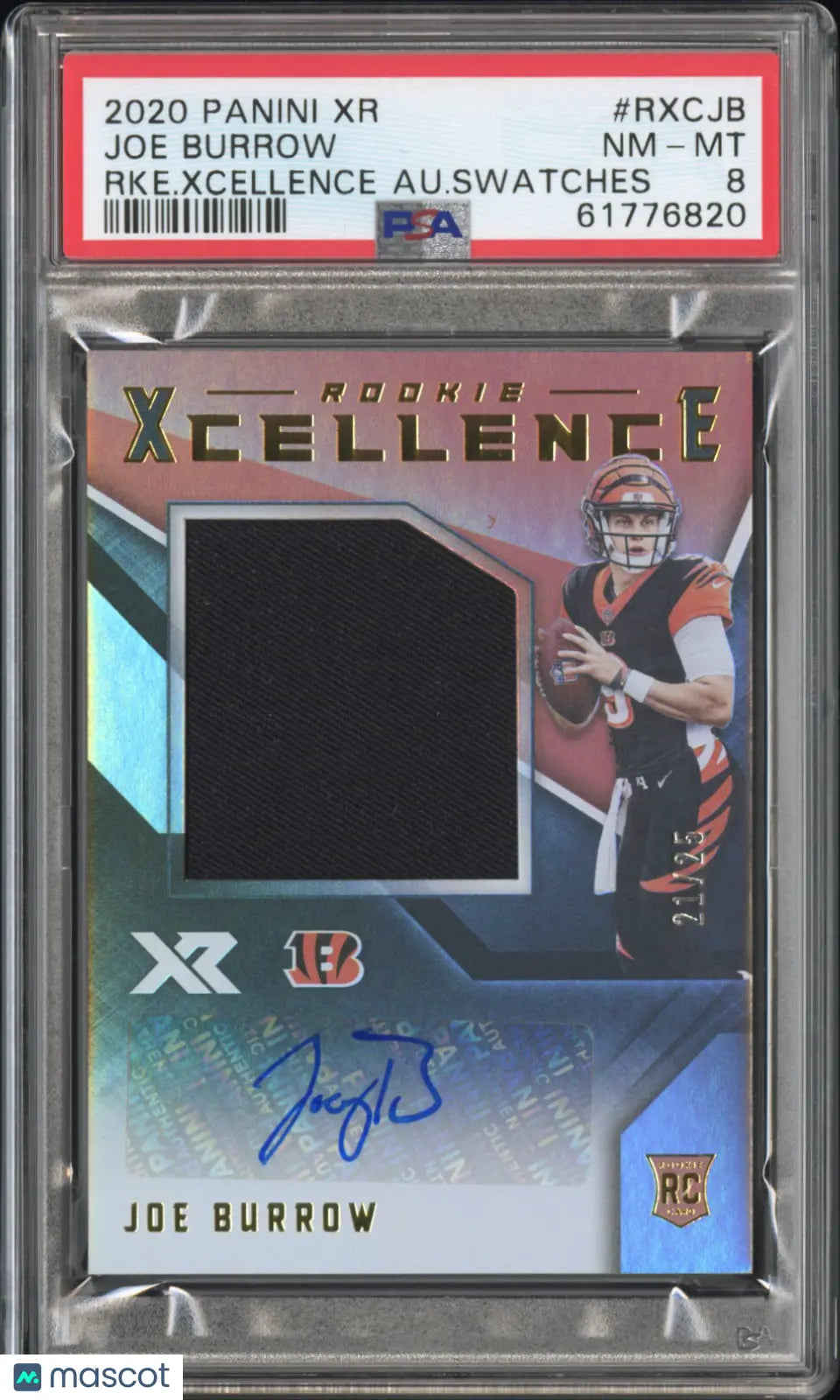 2020 Panini XR Football Joe Burrow Rookie Xcellence Auto Swatches PSA 8 /25 - Rare Collectible for NFL Fans & Sports Memorabilia Enthusiasts - Perfect for Display, Investment, and Fantasy Football Decor
