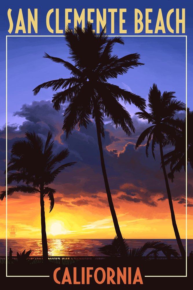 San Clemente Beach California Sunset Signed Art Print - 24x36 Wall Decor Poster for Living Room, Bedroom & Office - Coastal Landscape Photography, Palm Trees & Ocean View