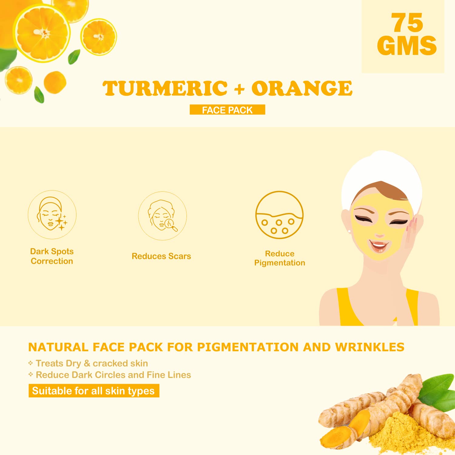 Organic Turmeric & Orange Face Brightening Powder - Reduces Pigmentation, Wrinkles & Scars | Natural Skin Care for All Skin Types | 75g (Pack of 2) | Perfect for Daily Glow Routine & Spa Treatments