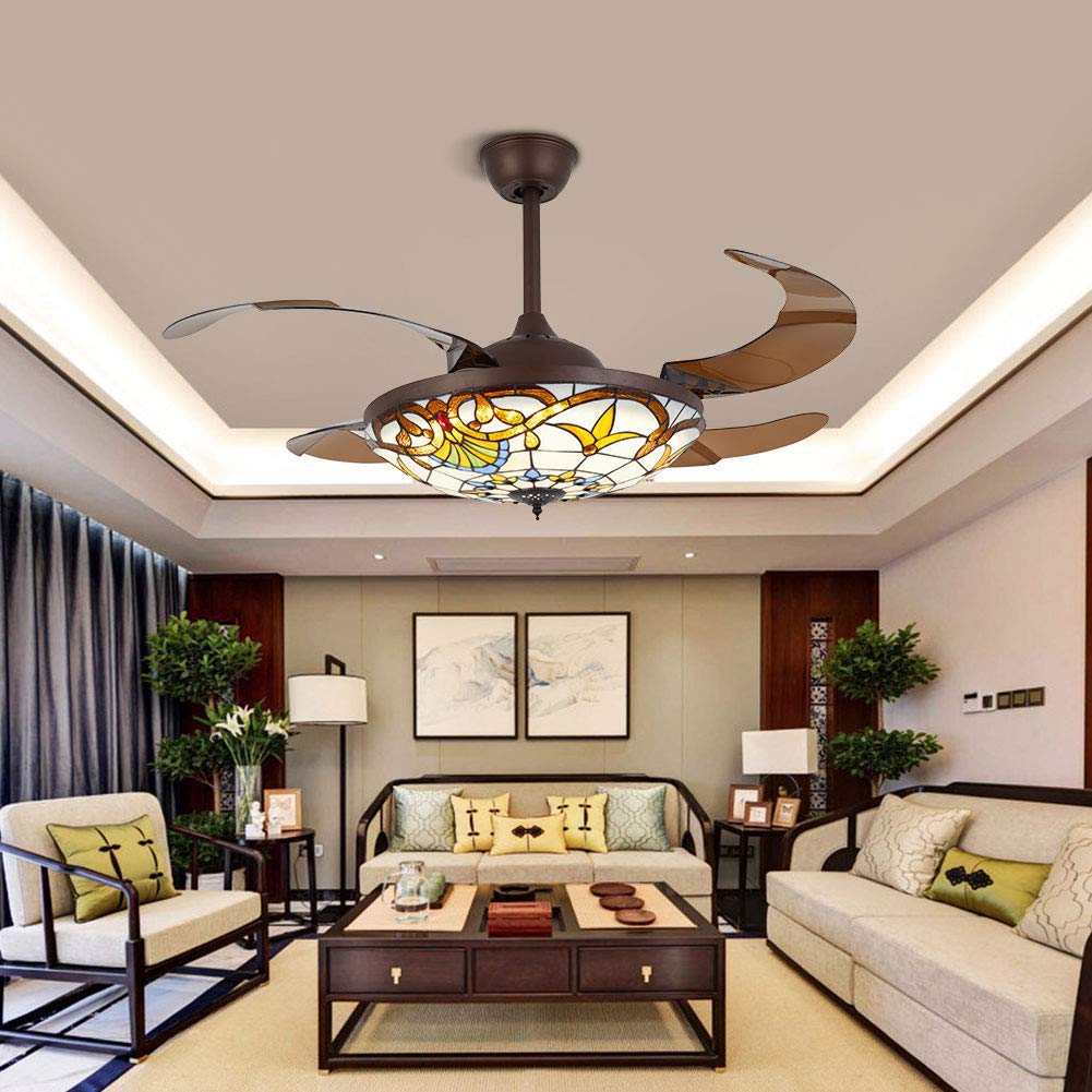 42 Inch Tiffany Style Ceiling Fan with LED Light and Remote Control - 3 Speed Adjustable, Retractable Blades - Perfect for Living Room, Bedroom, and Dining Room