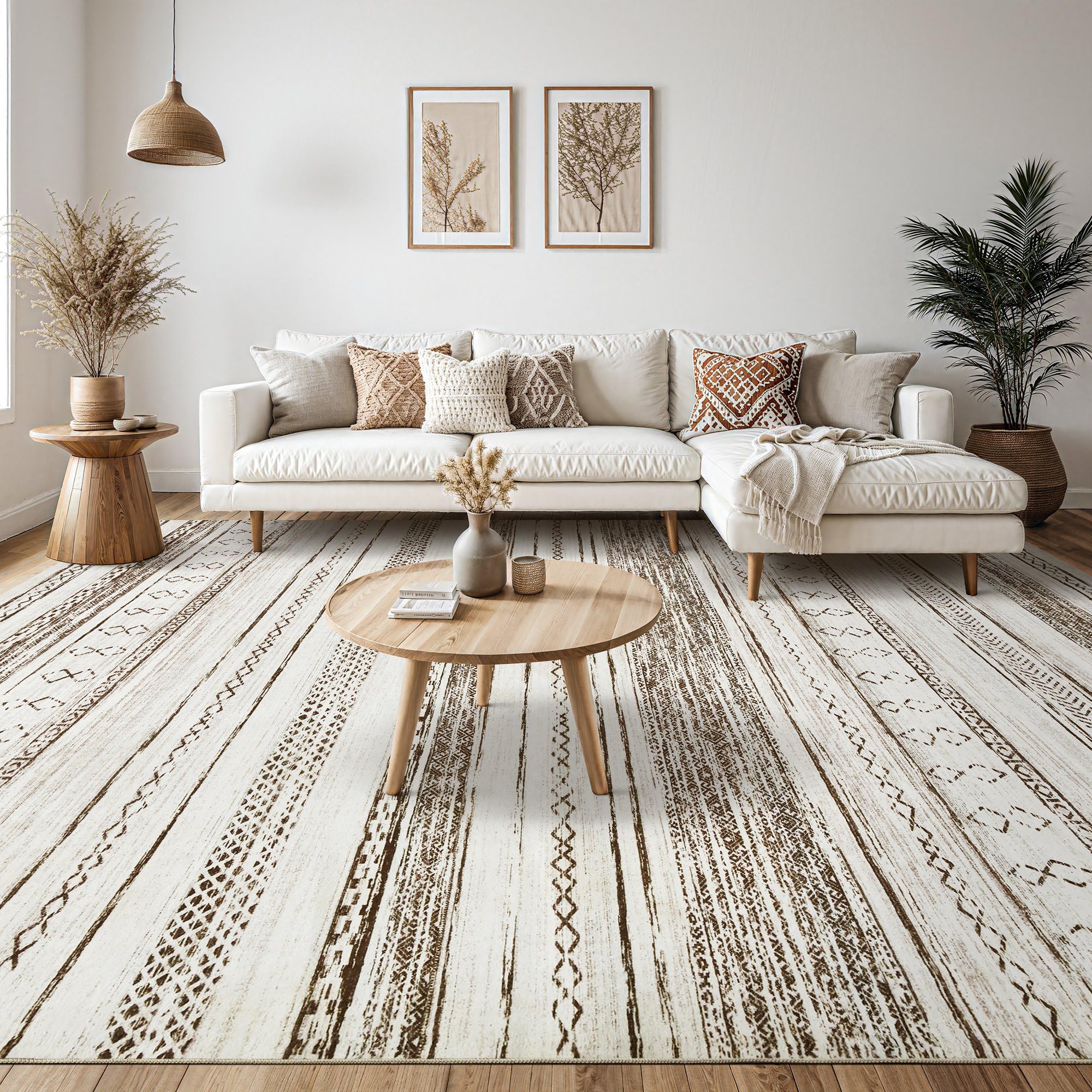 6x9 Washable Area Rug - Soft Neutral Boho Moroccan Bohemian Farmhouse Rug for Living Room, Bedroom, Dining Table & Home Office | Cream Brown Indoor Floor Carpet | Perfect for Cozy Home Decor & High-Traffic Areas