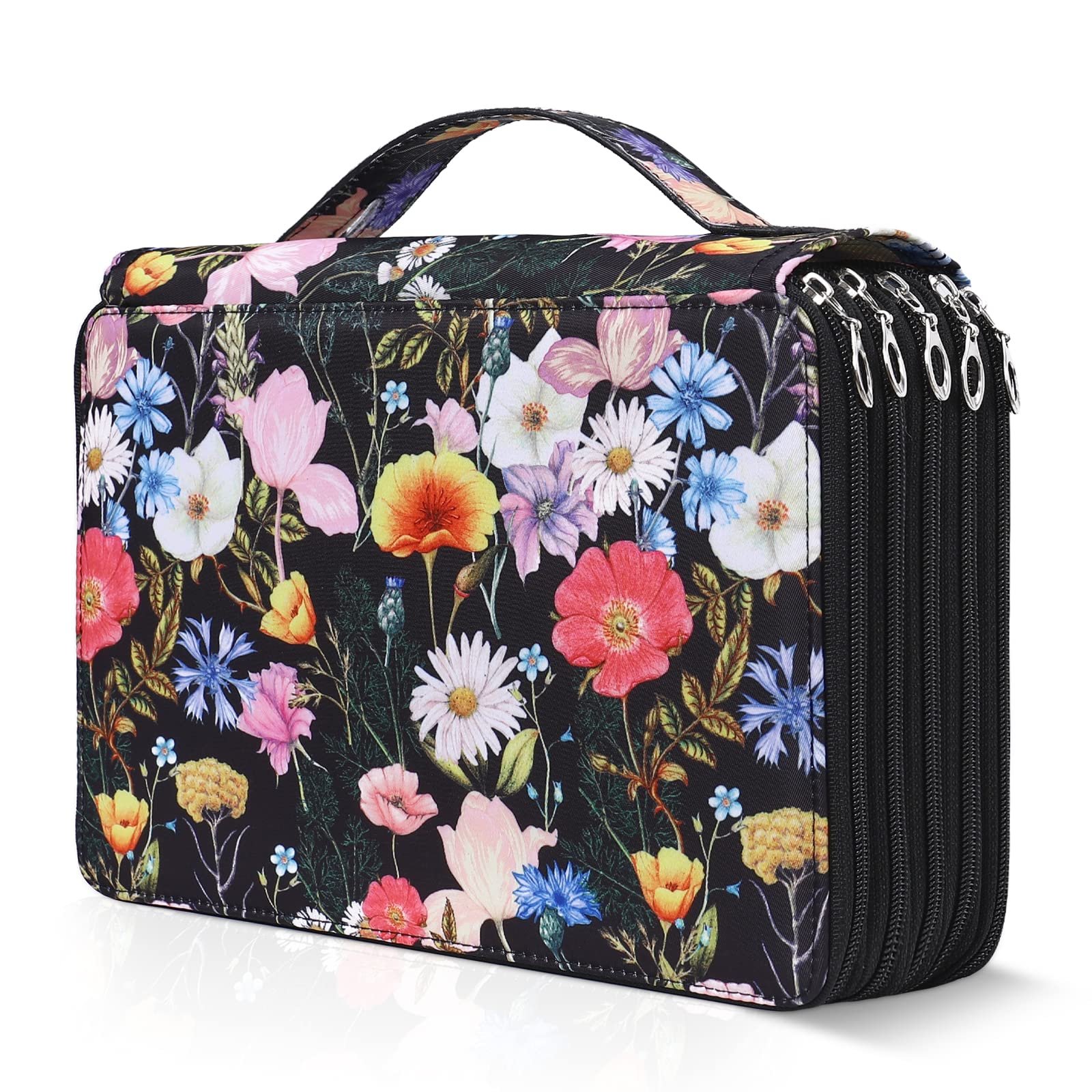 MEGREZ Large 252-Slot Zippered Pencil Case - Oxford Cloth Artist Pencil Organizer for Colored Pencils, Watercolor Pens & Markers - Portable School & Travel Art Supply Storage (Black Flower Pattern) - Perfect for Students, Artists & Classroom Organization